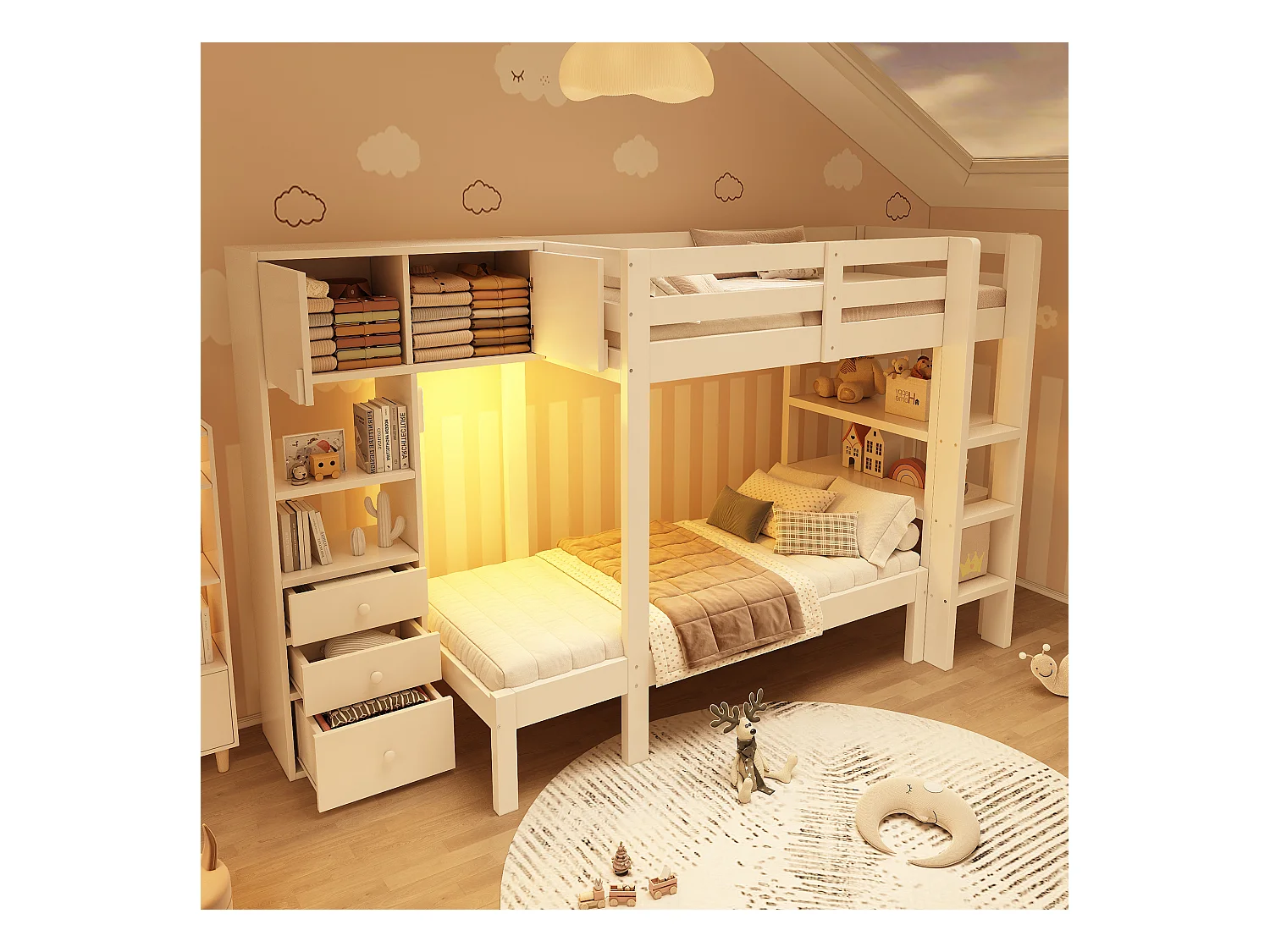 Lit superposé 90x200cm - avec veilleuse intelligente à LED - avec armoire et 3 tiroirss - avec étagères - Bois massif + MDF - Blanc