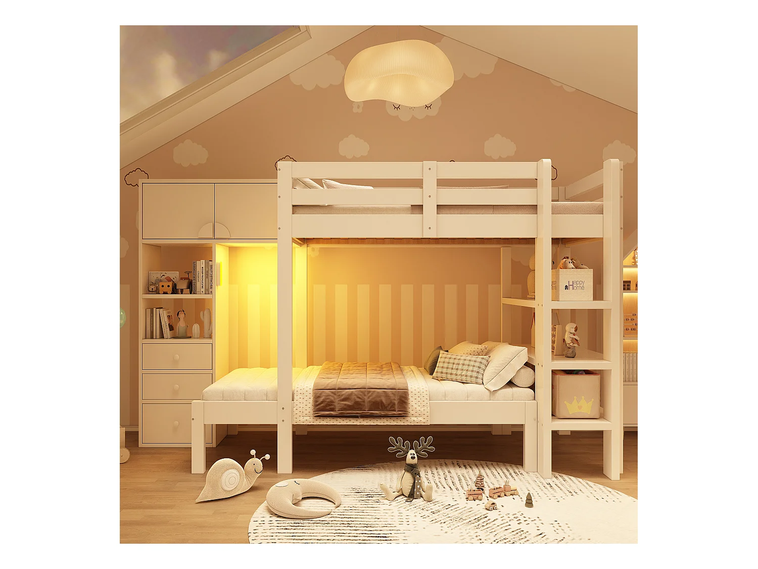 Lit superposé 90x200cm - avec veilleuse intelligente à LED - avec armoire et 3 tiroirss - avec étagères - Bois massif + MDF - Blanc