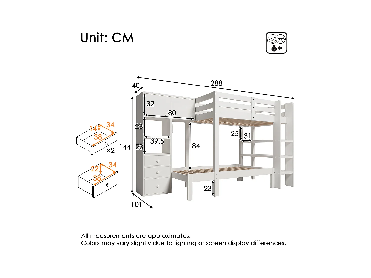 Lit superposé 90x200cm - avec veilleuse intelligente à LED - avec armoire et 3 tiroirss - avec étagères - Bois massif + MDF - Blanc