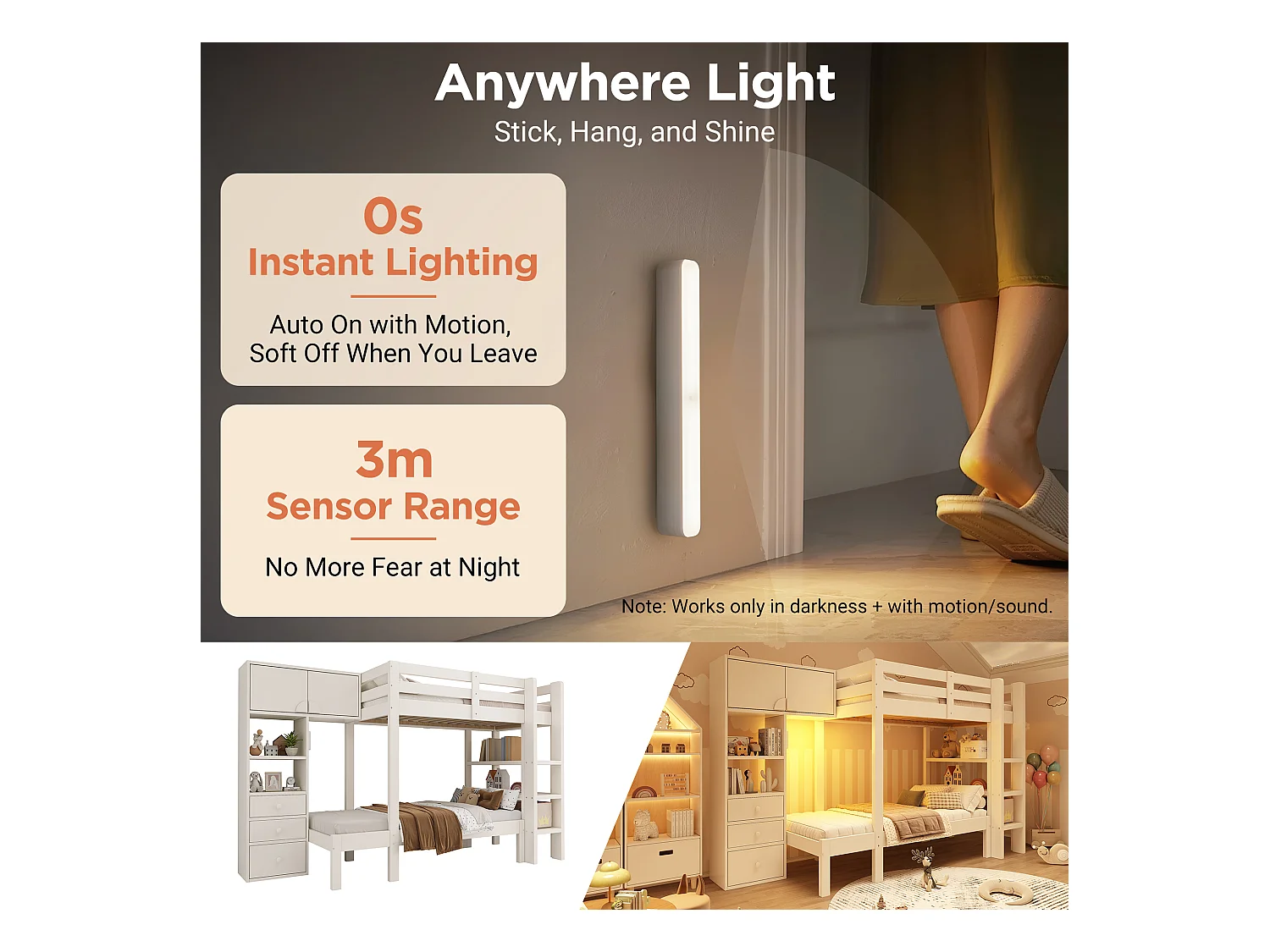 Lit superposé 90x200cm - avec veilleuse intelligente à LED - avec armoire et 3 tiroirss - avec étagères - Bois massif + MDF - Blanc