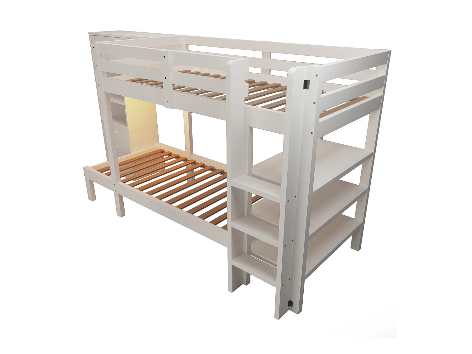 Lit superposé 90x200cm - avec veilleuse intelligente à LED - avec armoire et 3 tiroirss - avec étagères - Bois massif + MDF - Blanc