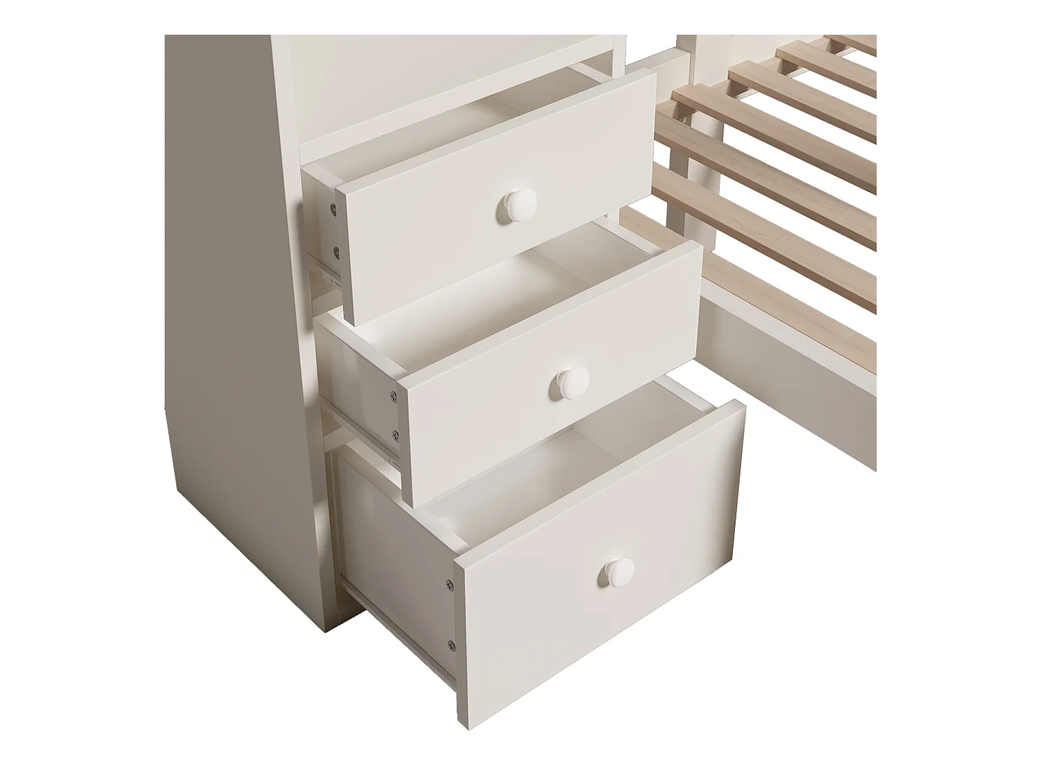 Lit superposé 90x200cm - avec veilleuse intelligente à LED - avec armoire et 3 tiroirss - avec étagères - Bois massif + MDF - Blanc