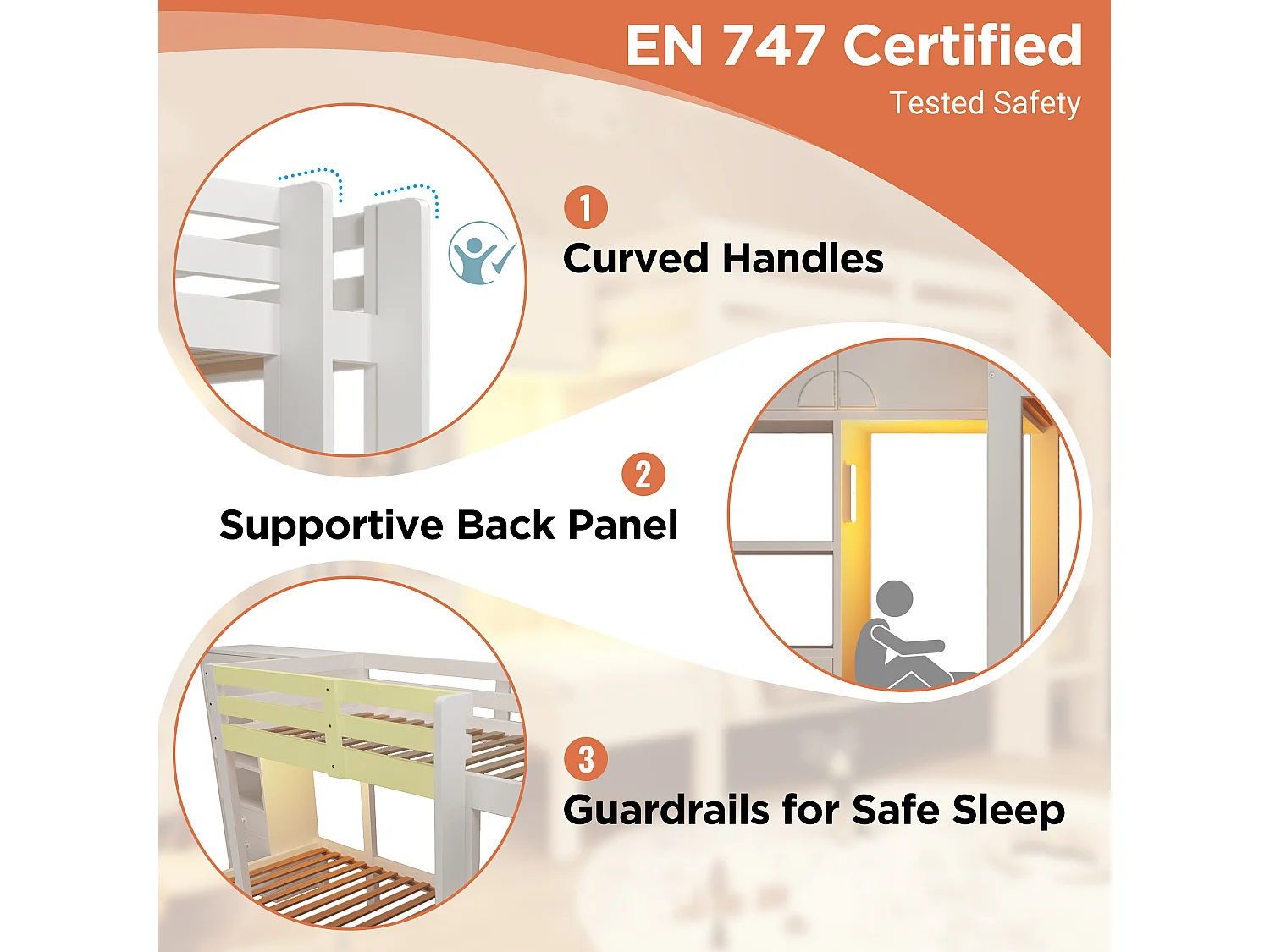 Łóżko piętrowe 90x200cm - z inteligentnym nocnym oświetleniem LED - z szafą i 3 szufladami - z półkami - Drewno lite + MDF - Biały