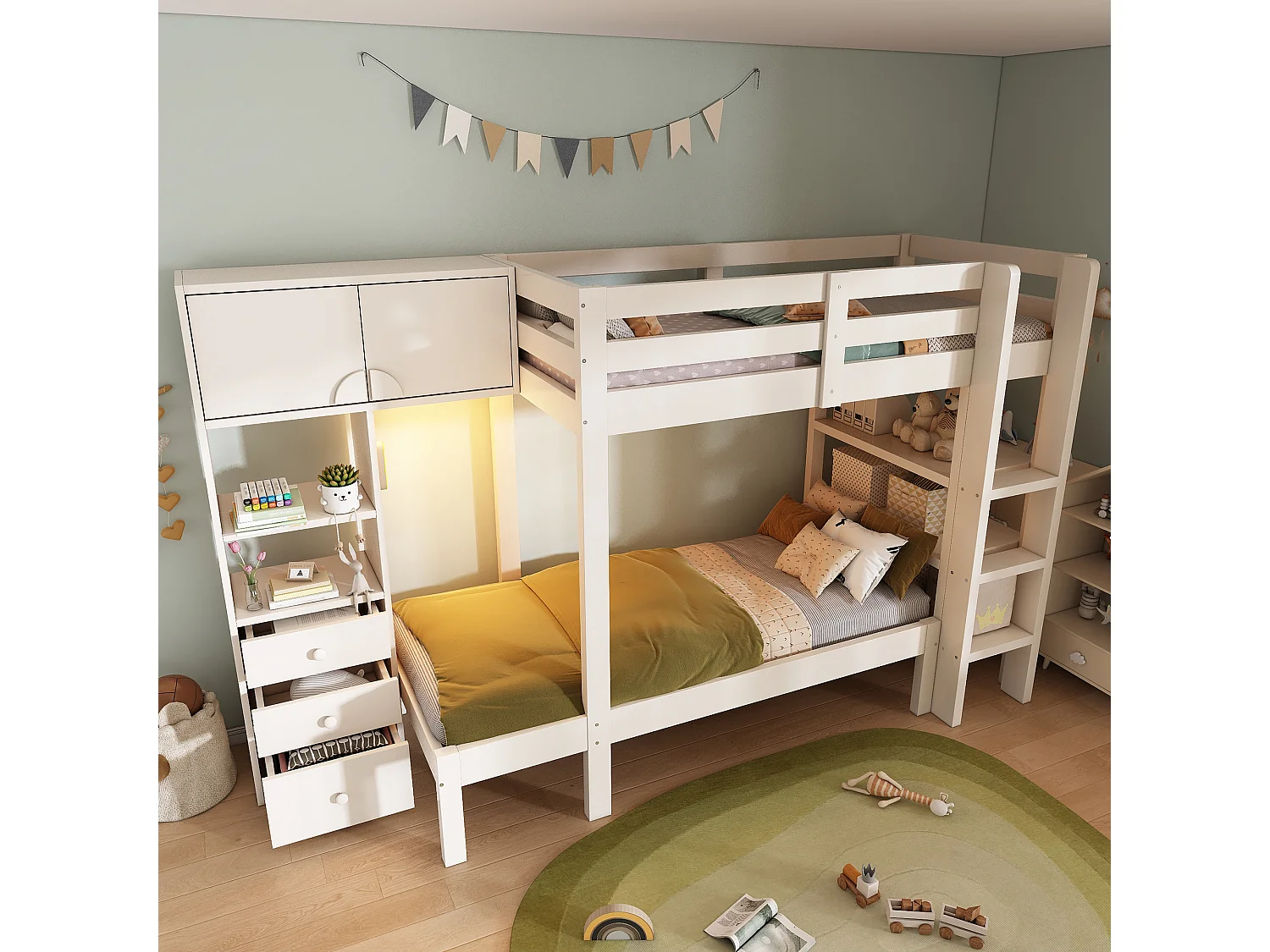 Łóżko piętrowe 90x200cm - z inteligentnym nocnym oświetleniem LED - z szafą i 3 szufladami - z półkami - Drewno lite + MDF - Biały