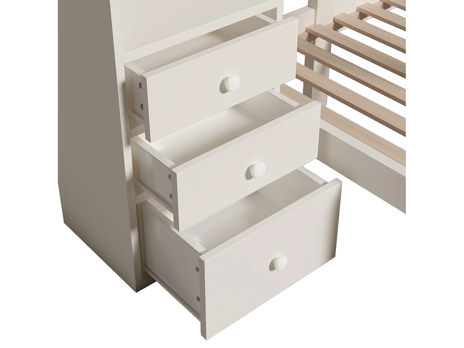 Łóżko piętrowe 90x200cm - z inteligentnym nocnym oświetleniem LED - z szafą i 3 szufladami - z półkami - Drewno lite + MDF - Biały