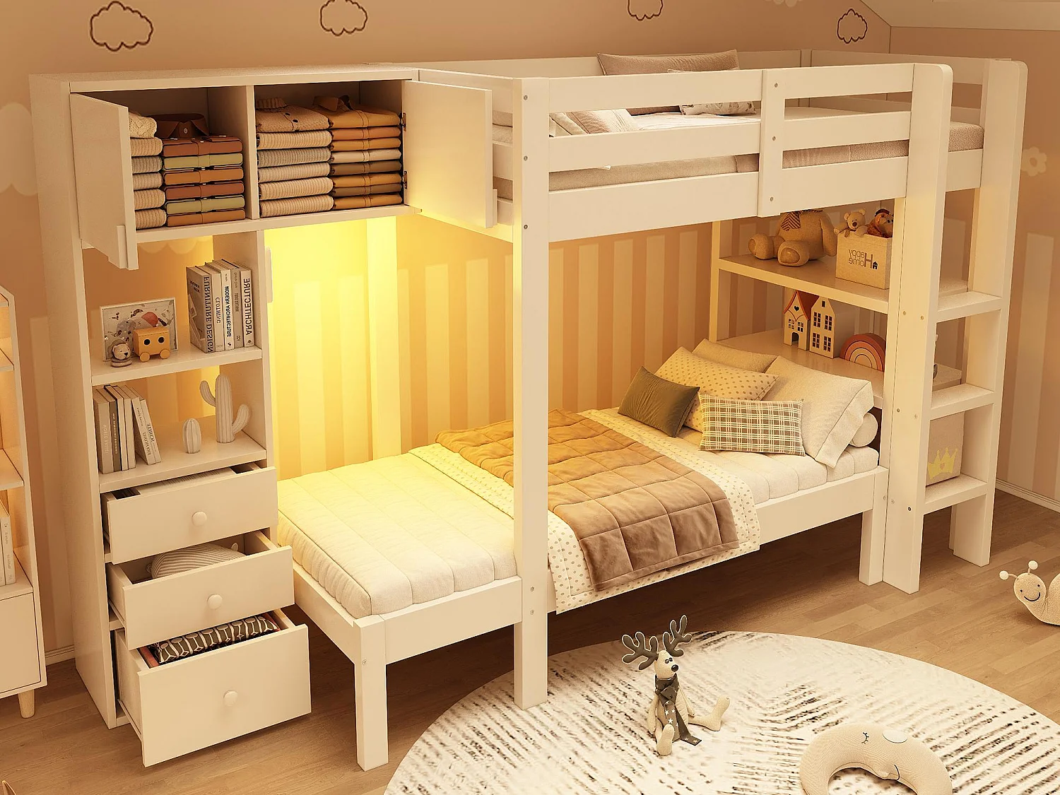 Beliche 90x200cm - com luz noturna LED inteligente - com armário e 3 gavetas - com prateleiras - Madeira maciça + MDF - Branco