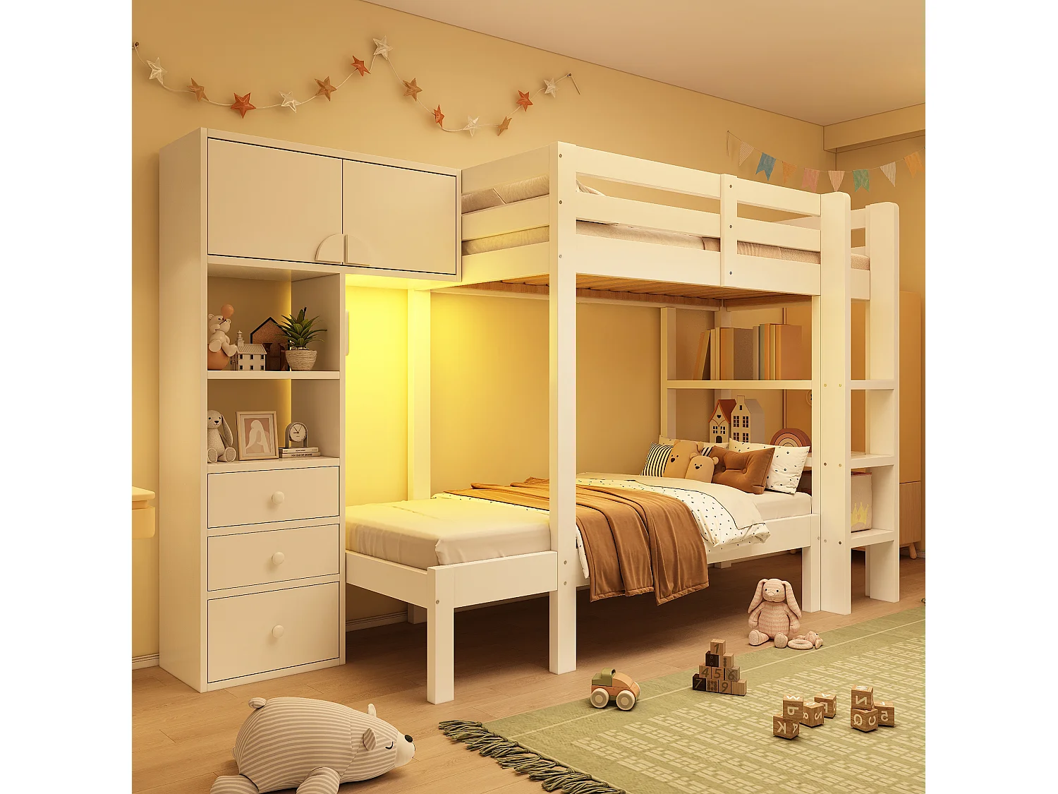 Beliche 90x200cm - com luz noturna LED inteligente - com armário e 3 gavetas - com prateleiras - Madeira maciça + MDF - Branco