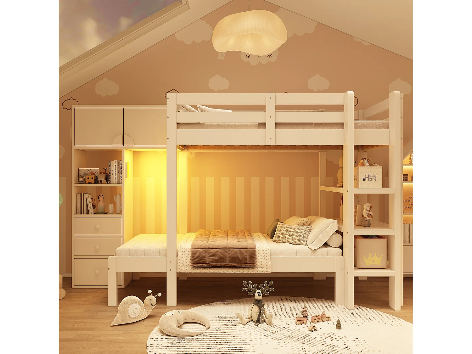 Beliche 90x200cm - com luz noturna LED inteligente - com armário e 3 gavetas - com prateleiras - Madeira maciça + MDF - Branco
