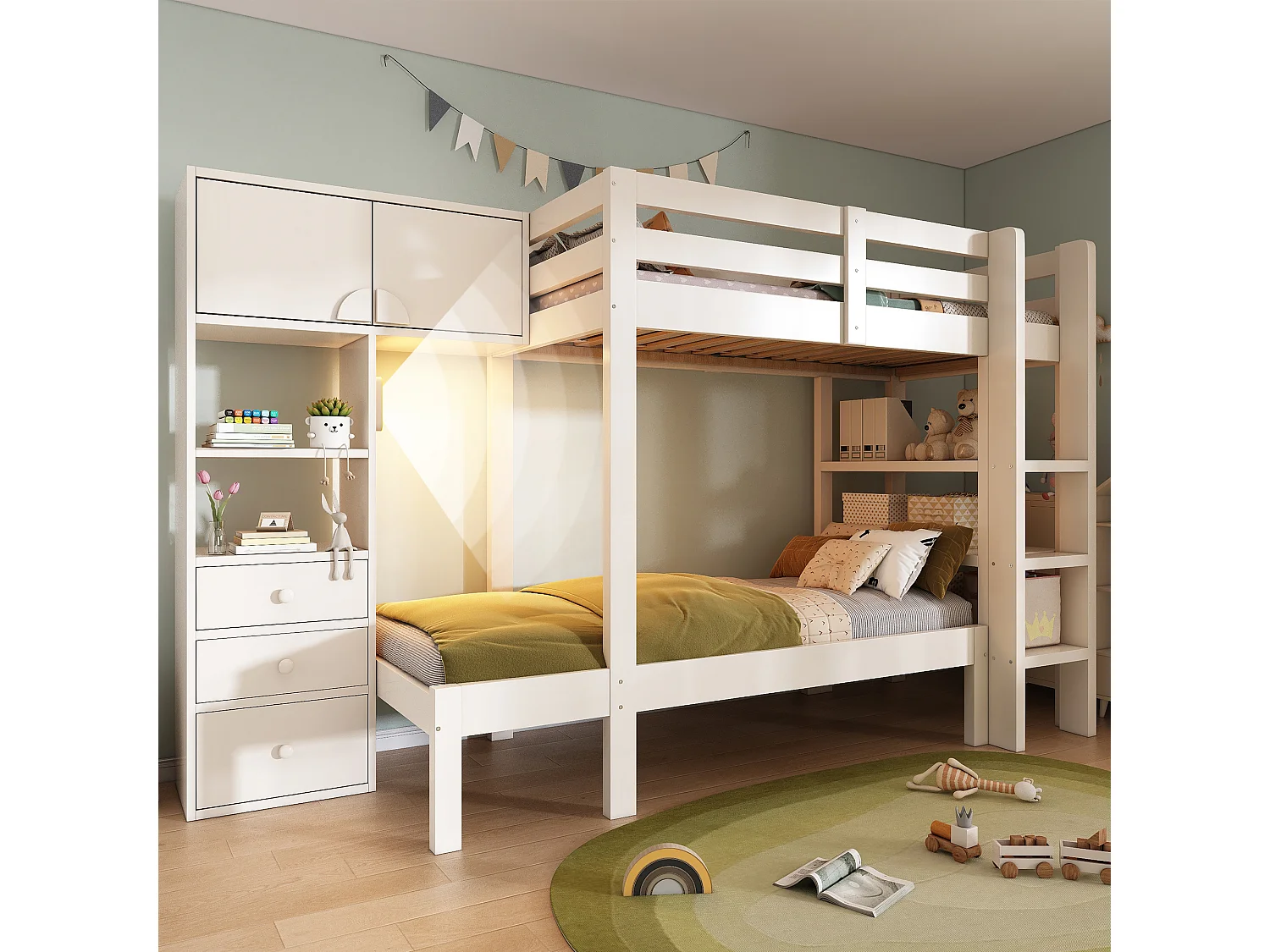 Beliche 90x200cm - com luz noturna LED inteligente - com armário e 3 gavetas - com prateleiras - Madeira maciça + MDF - Branco