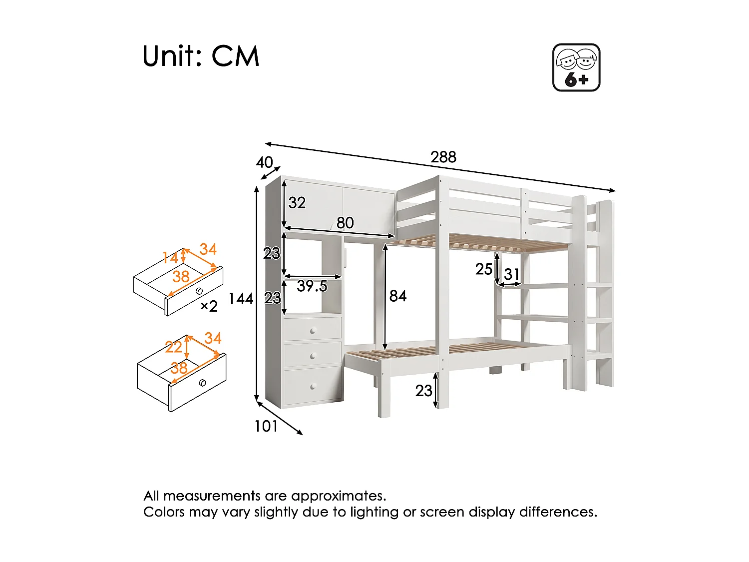 Beliche 90x200cm - com luz noturna LED inteligente - com armário e 3 gavetas - com prateleiras - Madeira maciça + MDF - Branco
