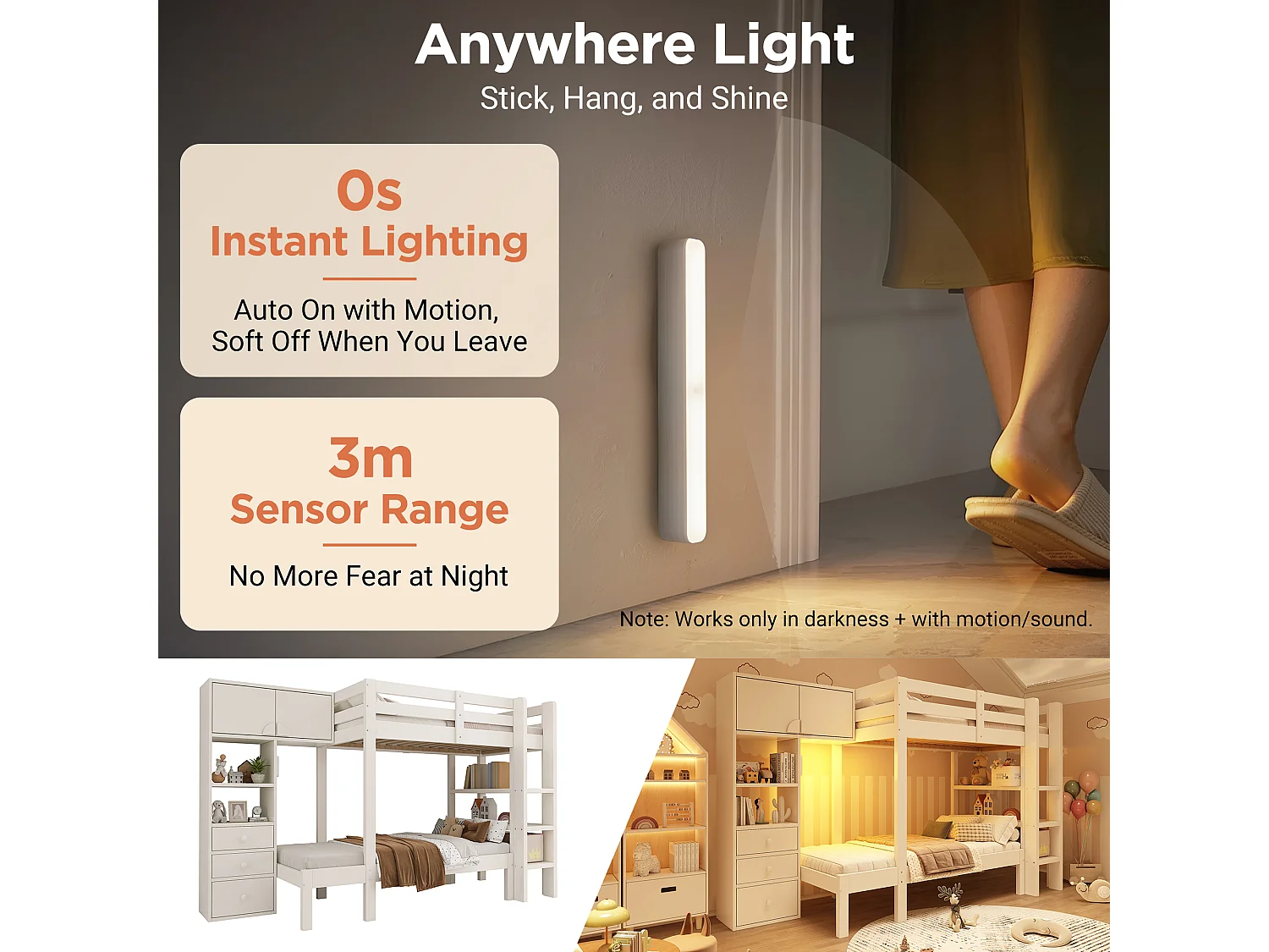 Beliche 90x200cm - com luz noturna LED inteligente - com armário e 3 gavetas - com prateleiras - Madeira maciça + MDF - Branco