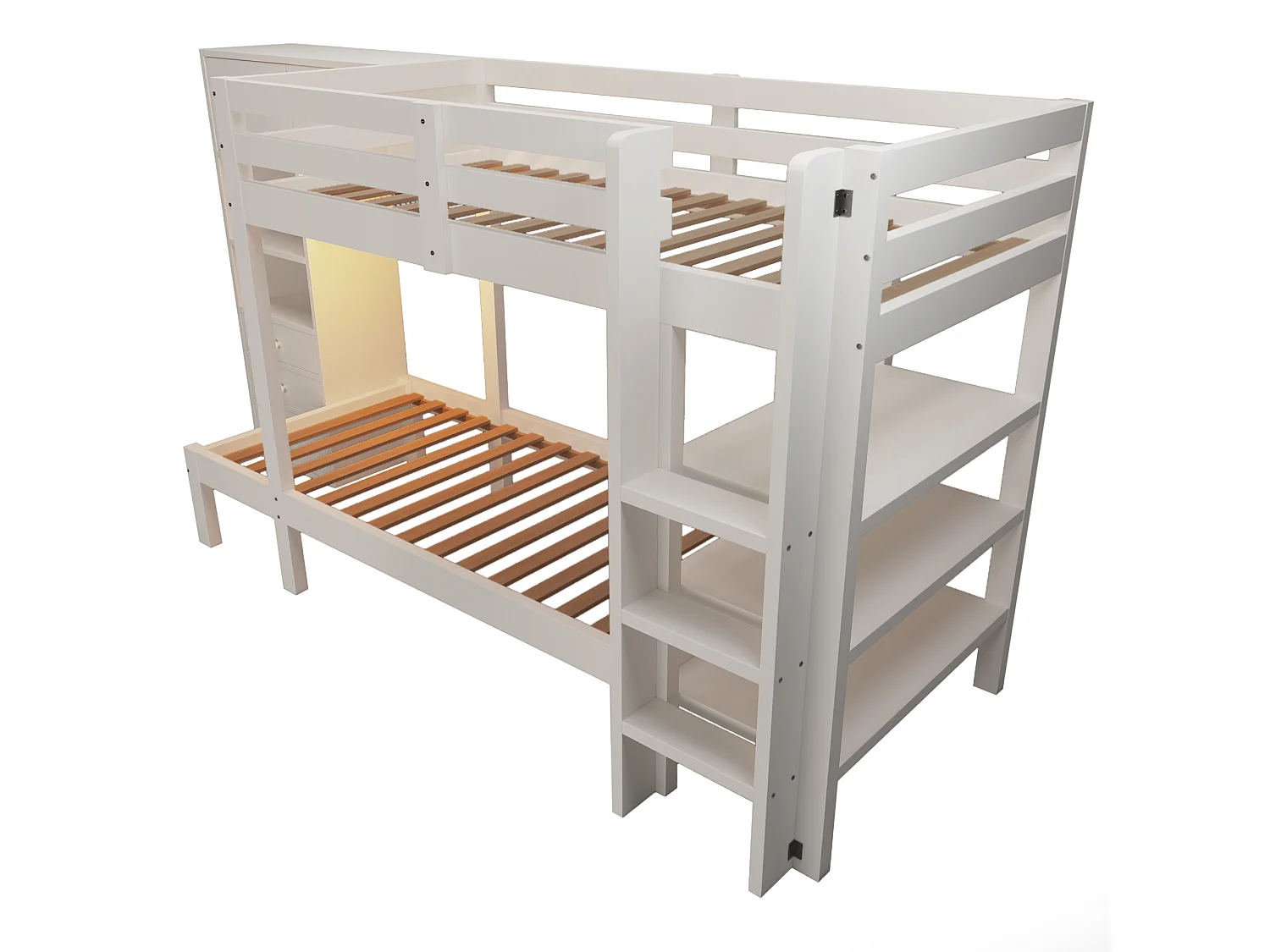 Beliche 90x200cm - com luz noturna LED inteligente - com armário e 3 gavetas - com prateleiras - Madeira maciça + MDF - Branco
