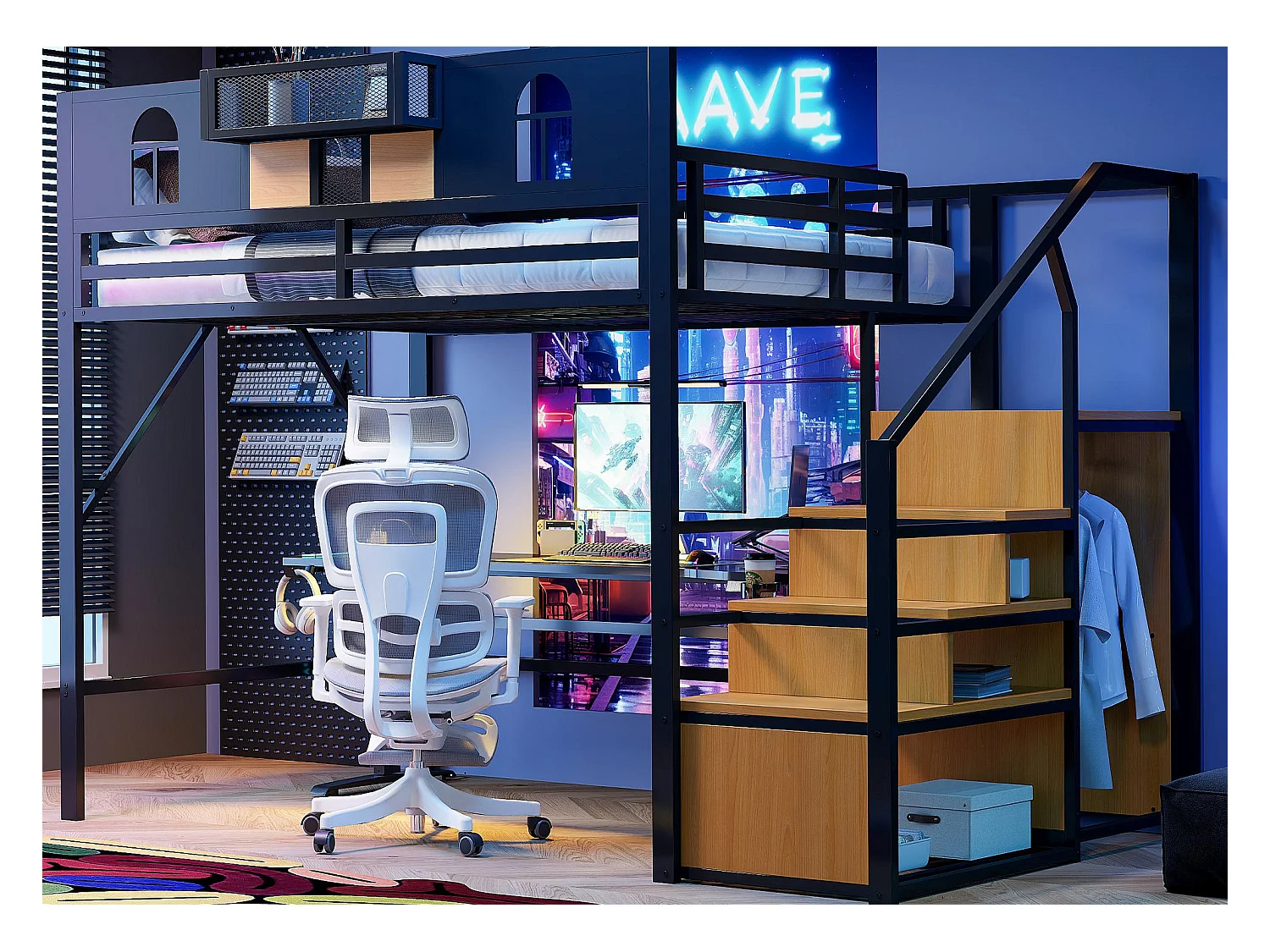 Lit mezzanine en métal 140x200 cm - avec échelle de rangement - avec barrières de sécurité - avec armoire ouverte - noir