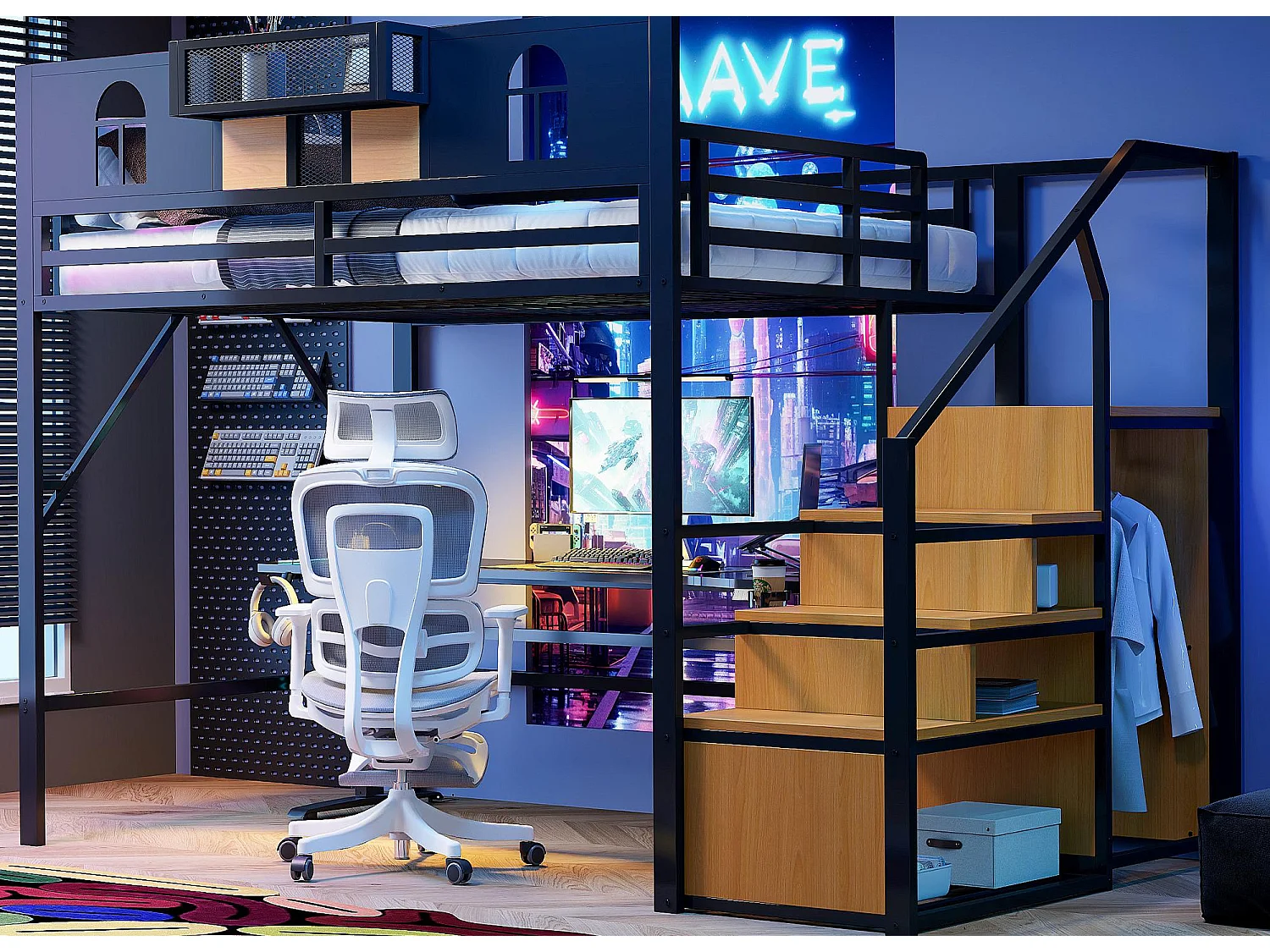 Hochbett aus Metall 140x200 cm - mit Treppe mit Stauraum - mit Sicherheitsbügeln - mit offenem Schrank - schwarz