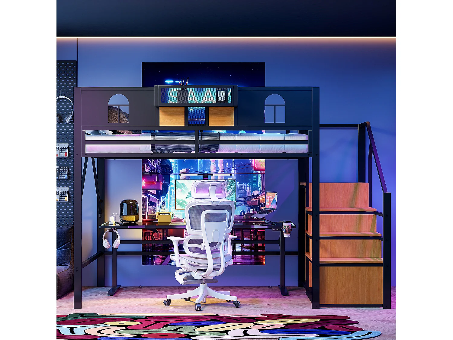 Hochbett aus Metall 140x200 cm - mit Treppe mit Stauraum - mit Sicherheitsbügeln - mit offenem Schrank - schwarz