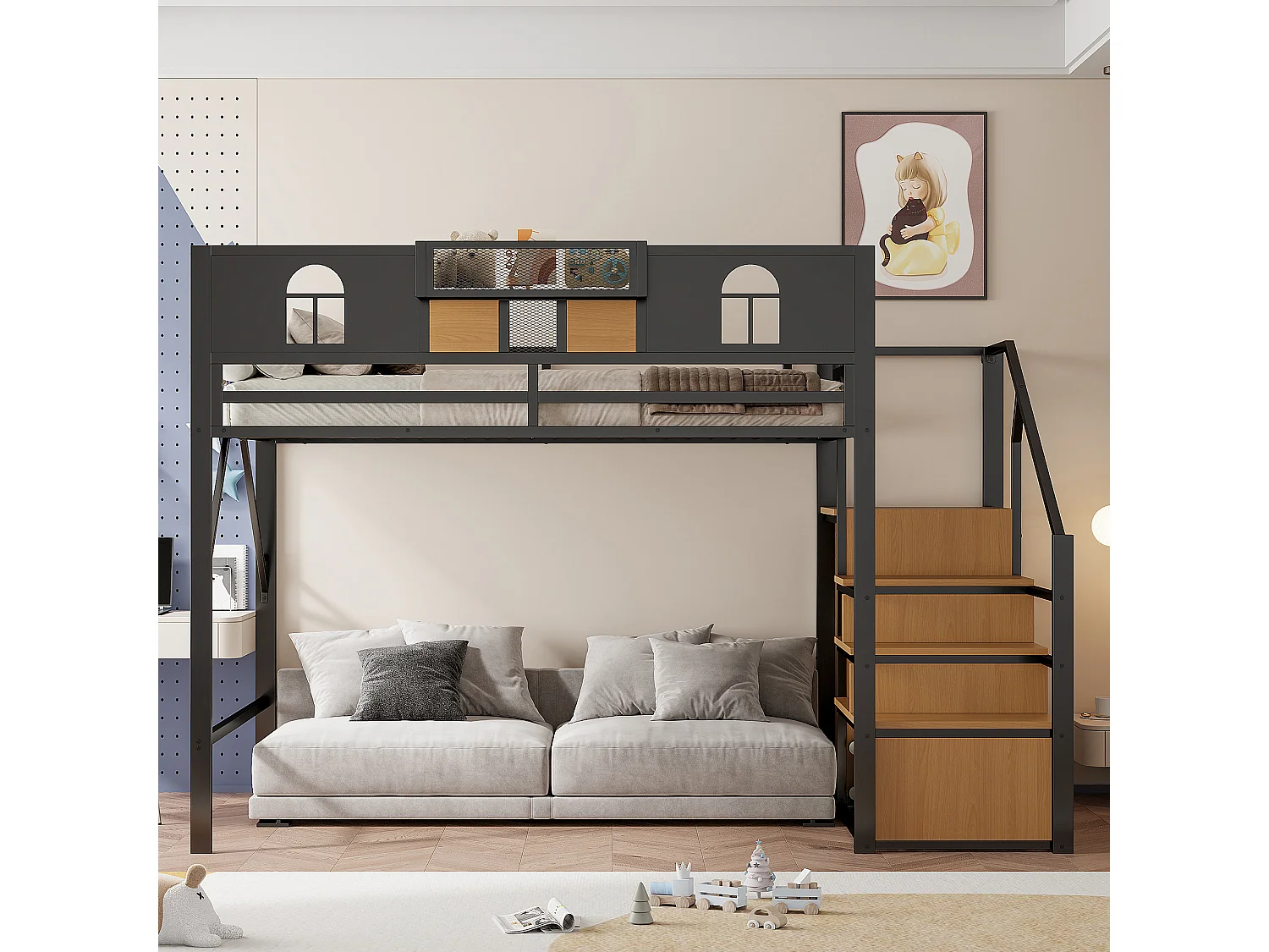 Hochbett aus Metall 140x200 cm - mit Treppe mit Stauraum - mit Sicherheitsbügeln - mit offenem Schrank - schwarz