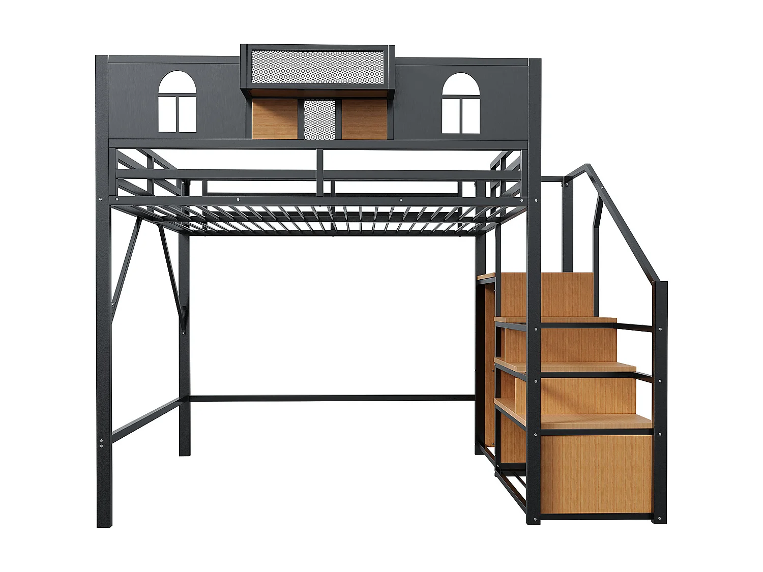 Hochbett aus Metall 140x200 cm - mit Treppe mit Stauraum - mit Sicherheitsbügeln - mit offenem Schrank - schwarz