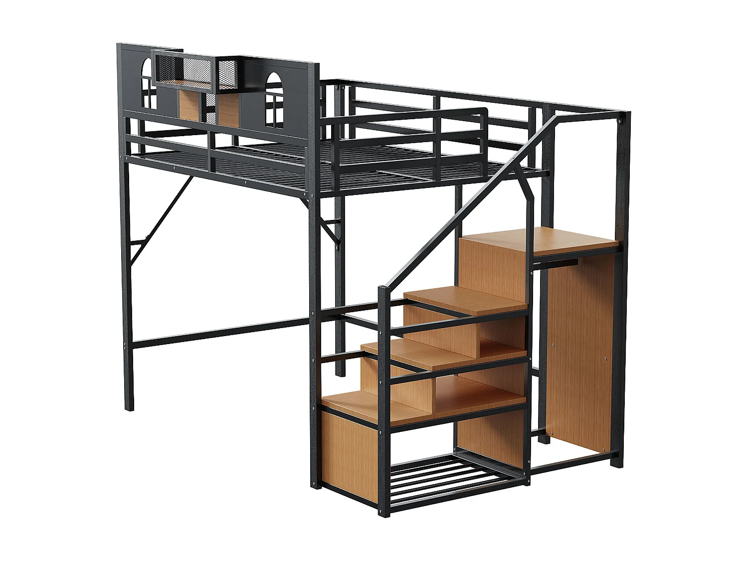 Hochbett aus Metall 140x200 cm - mit Treppe mit Stauraum - mit Sicherheitsbügeln - mit offenem Schrank - schwarz