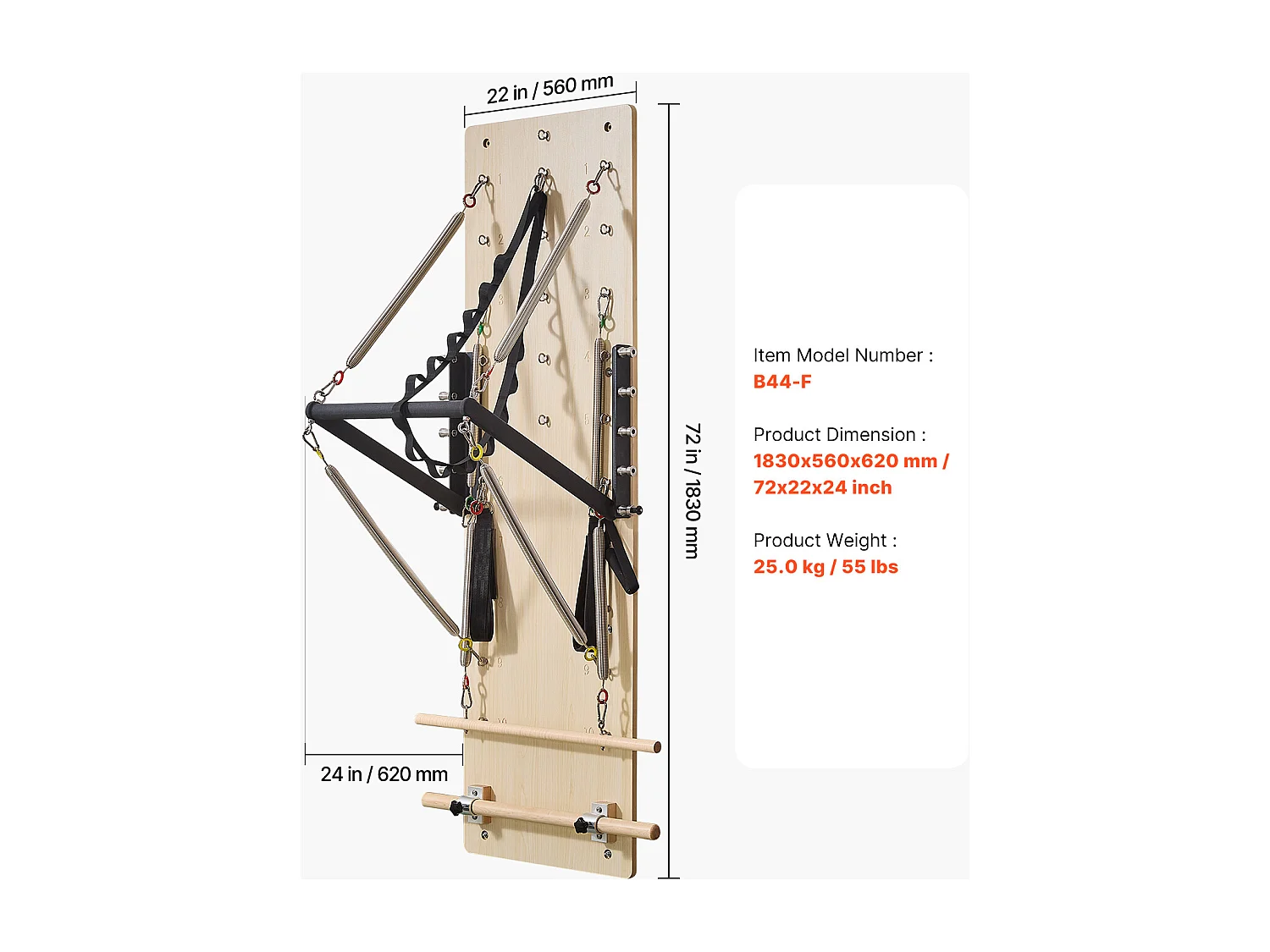 Reformer Ścienny do Pilatesu SucceBuy, Trampolina do Pilatesu z Drewna Klonowego, Sprzęt do Ćwiczeń ze Sprężynami Oporowymi, do Domowej Siłowni