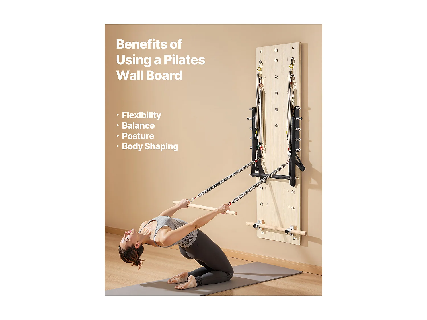 Reformer Ścienny do Pilatesu SucceBuy, Trampolina do Pilatesu z Drewna Klonowego, Sprzęt do Ćwiczeń ze Sprężynami Oporowymi, do Domowej Siłowni