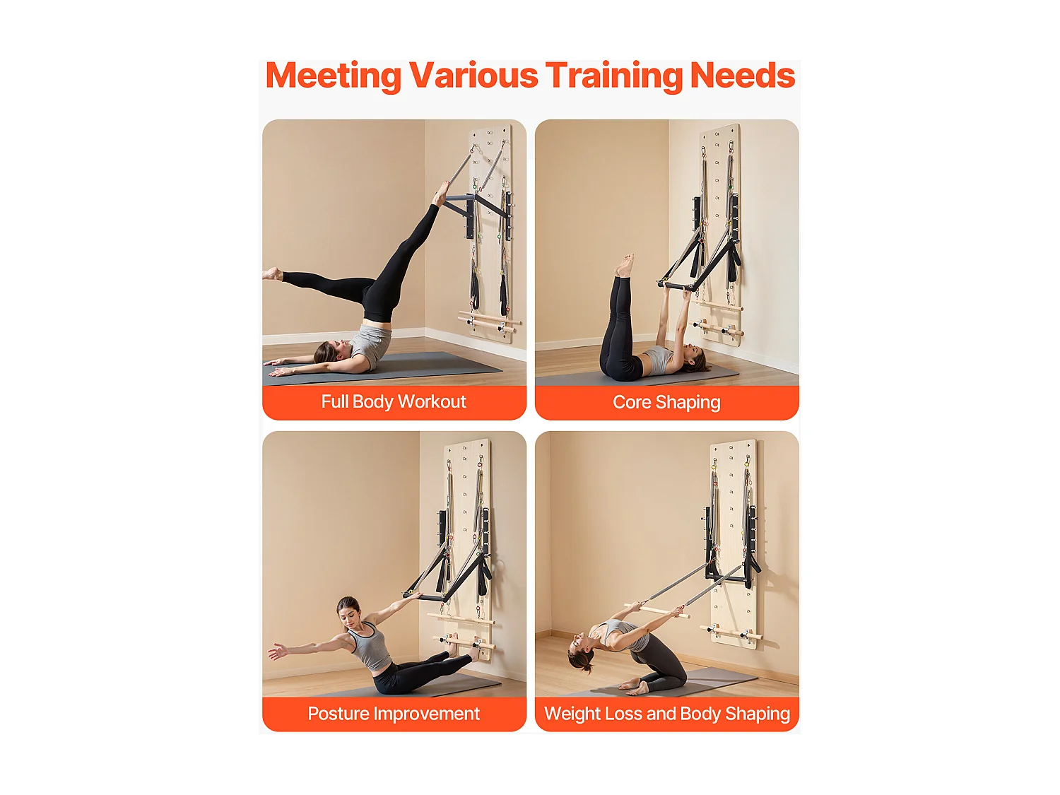 Reformer Ścienny do Pilatesu SucceBuy, Trampolina do Pilatesu z Drewna Klonowego, Sprzęt do Ćwiczeń ze Sprężynami Oporowymi, do Domowej Siłowni