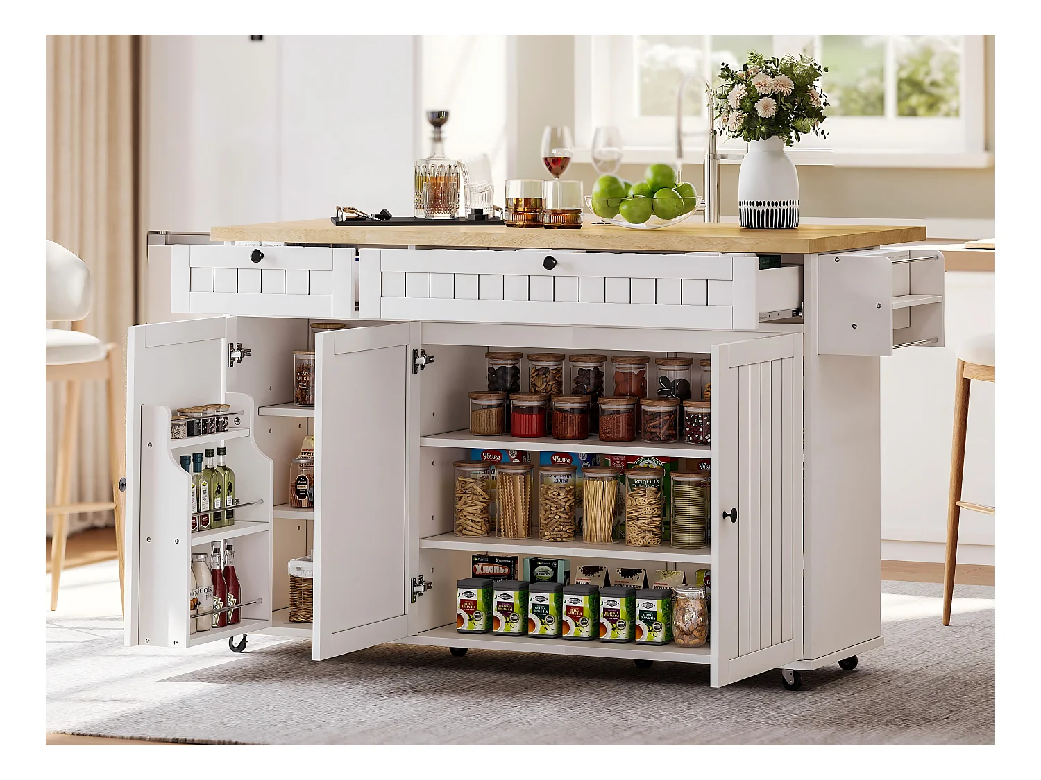 Ilot central de cuisine mobile - plateau extensible - avec roulettes verrouillables - avec 2 tiroirs et 3 portes - MDF - Blanc