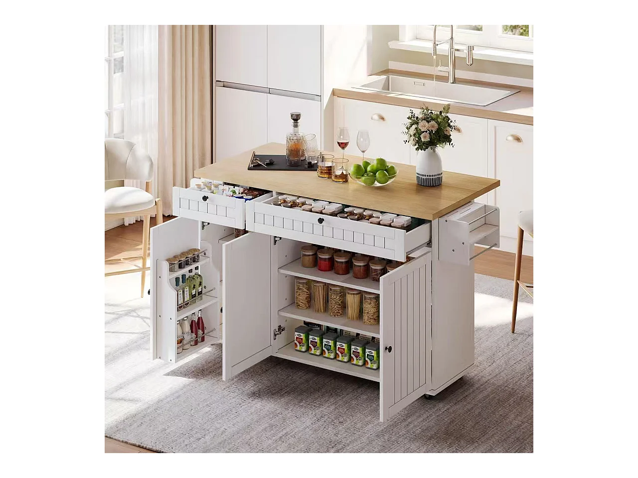 Ilot central de cuisine mobile - plateau extensible - avec roulettes verrouillables - avec 2 tiroirs et 3 portes - MDF - Blanc