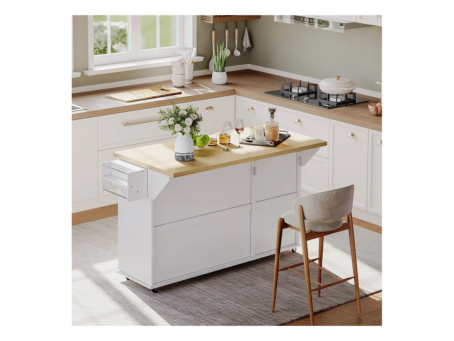 Ilot central de cuisine mobile - plateau extensible - avec roulettes verrouillables - avec 2 tiroirs et 3 portes - MDF - Blanc