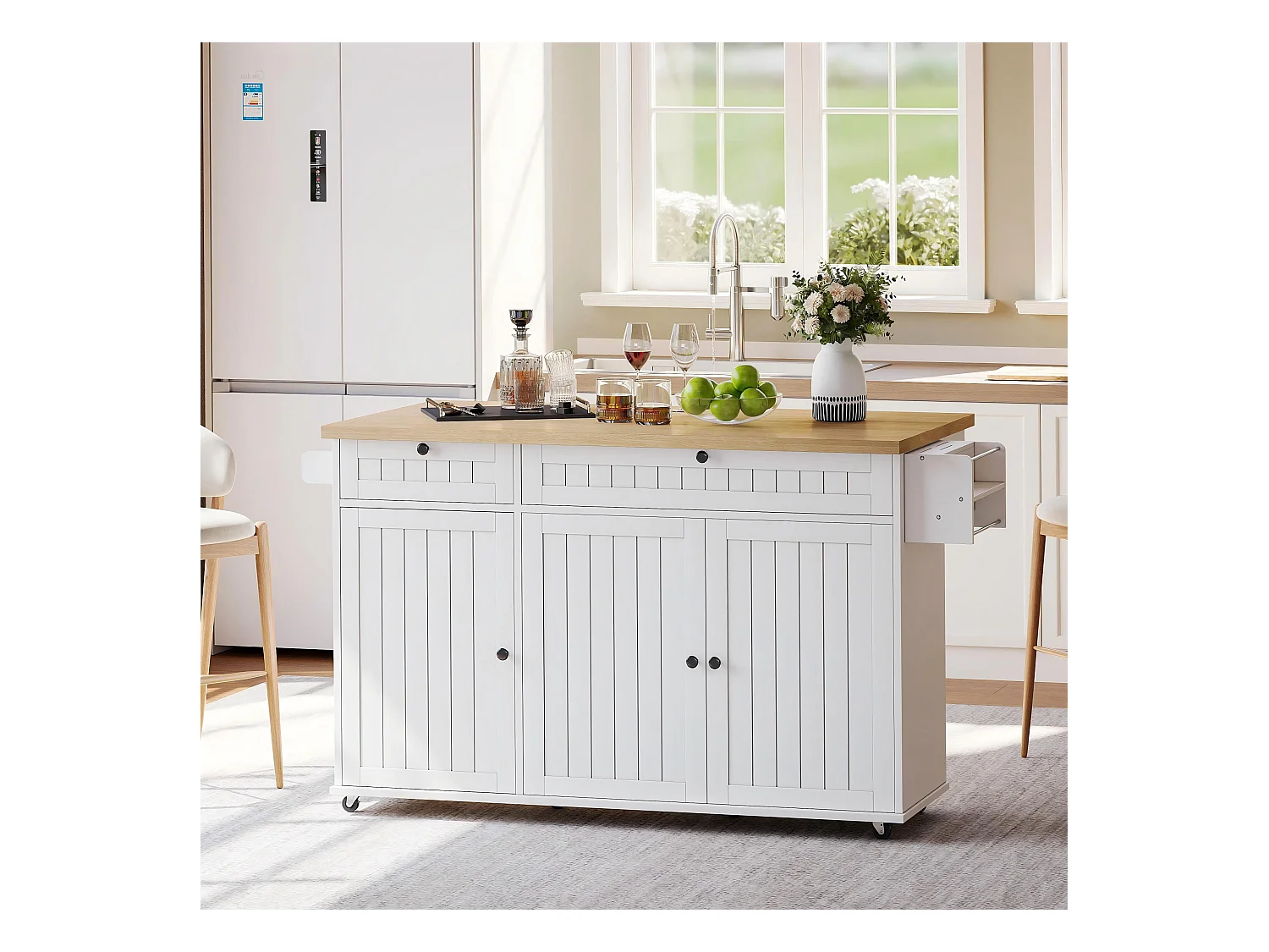 Ilot central de cuisine mobile - plateau extensible - avec roulettes verrouillables - avec 2 tiroirs et 3 portes - MDF - Blanc