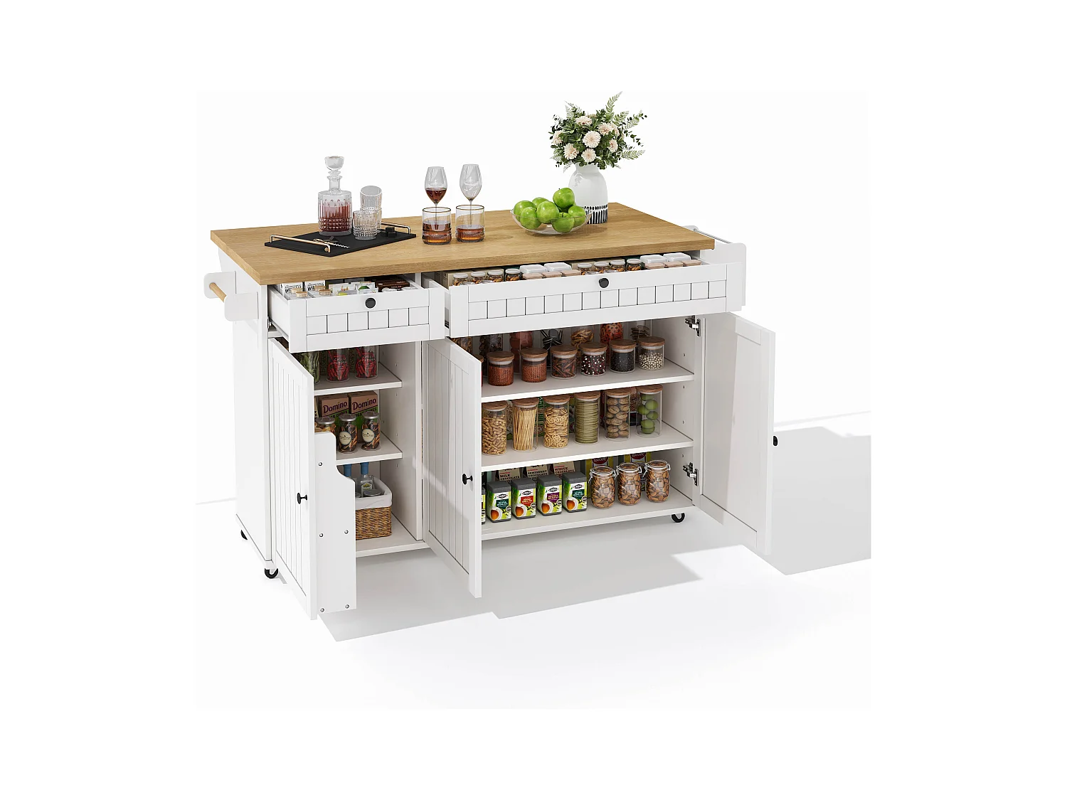Ilot central de cuisine mobile - plateau extensible - avec roulettes verrouillables - avec 2 tiroirs et 3 portes - MDF - Blanc