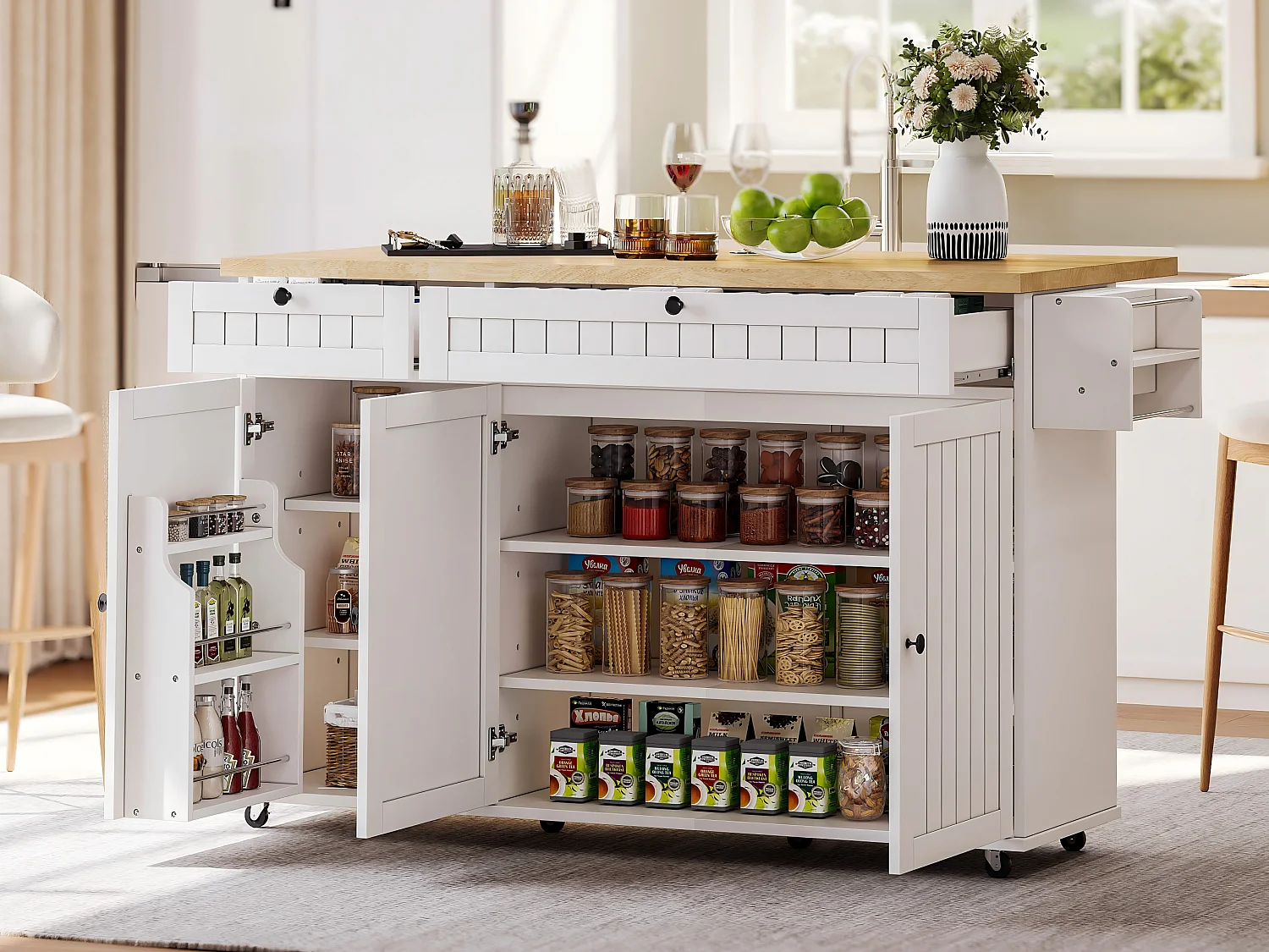 Ilot central de cuisine mobile - plateau extensible - avec roulettes verrouillables - avec 2 tiroirs et 3 portes - MDF - Blanc