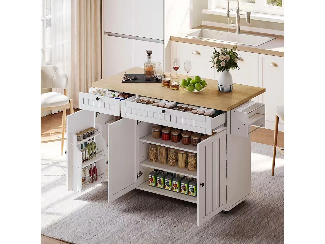 Ilot central de cuisine mobile - plateau extensible - avec roulettes verrouillables - avec 2 tiroirs et 3 portes - MDF - Blanc