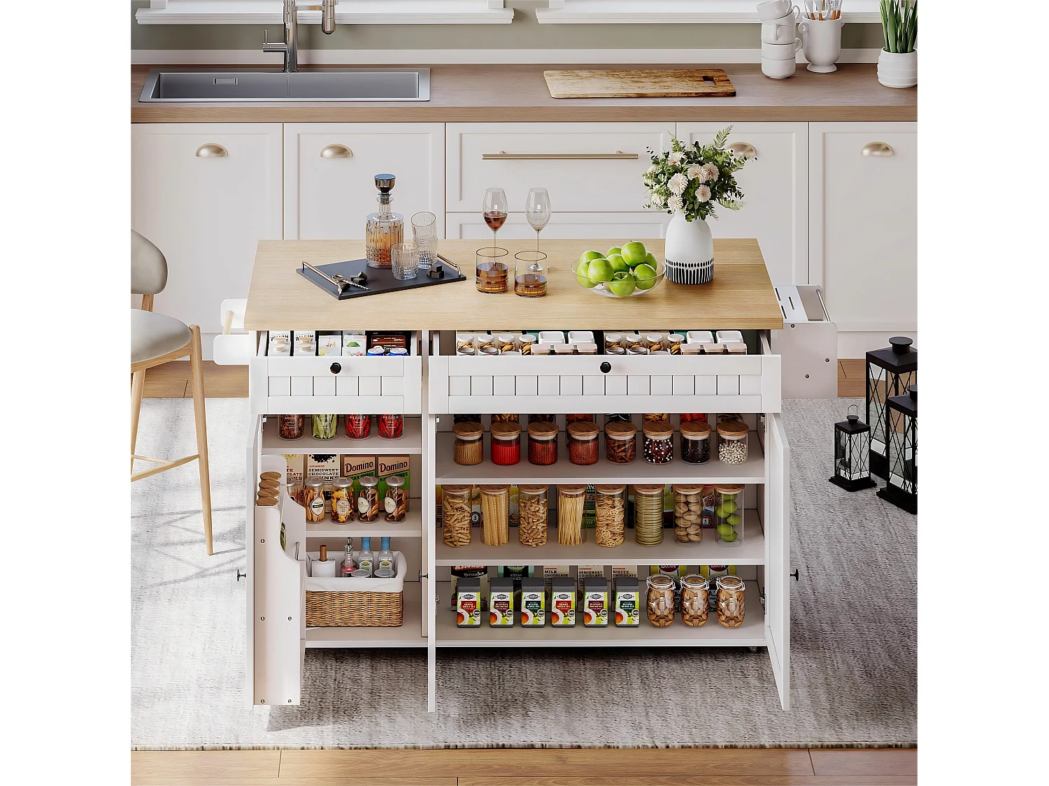 Ilot central de cuisine mobile - plateau extensible - avec roulettes verrouillables - avec 2 tiroirs et 3 portes - MDF - Blanc