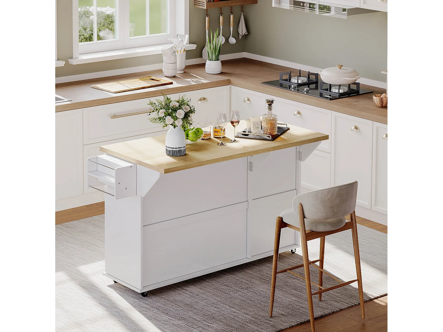 Ilot central de cuisine mobile - plateau extensible - avec roulettes verrouillables - avec 2 tiroirs et 3 portes - MDF - Blanc