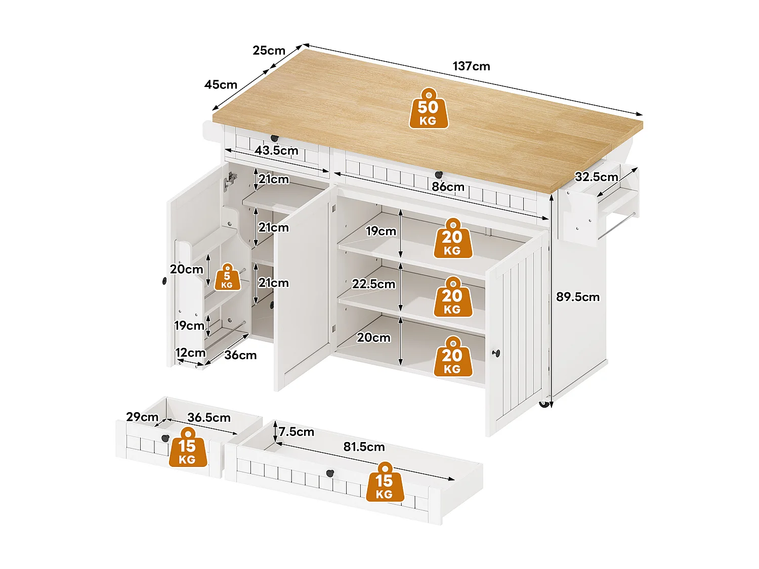 Ilot central de cuisine mobile - plateau extensible - avec roulettes verrouillables - avec 2 tiroirs et 3 portes - MDF - Blanc