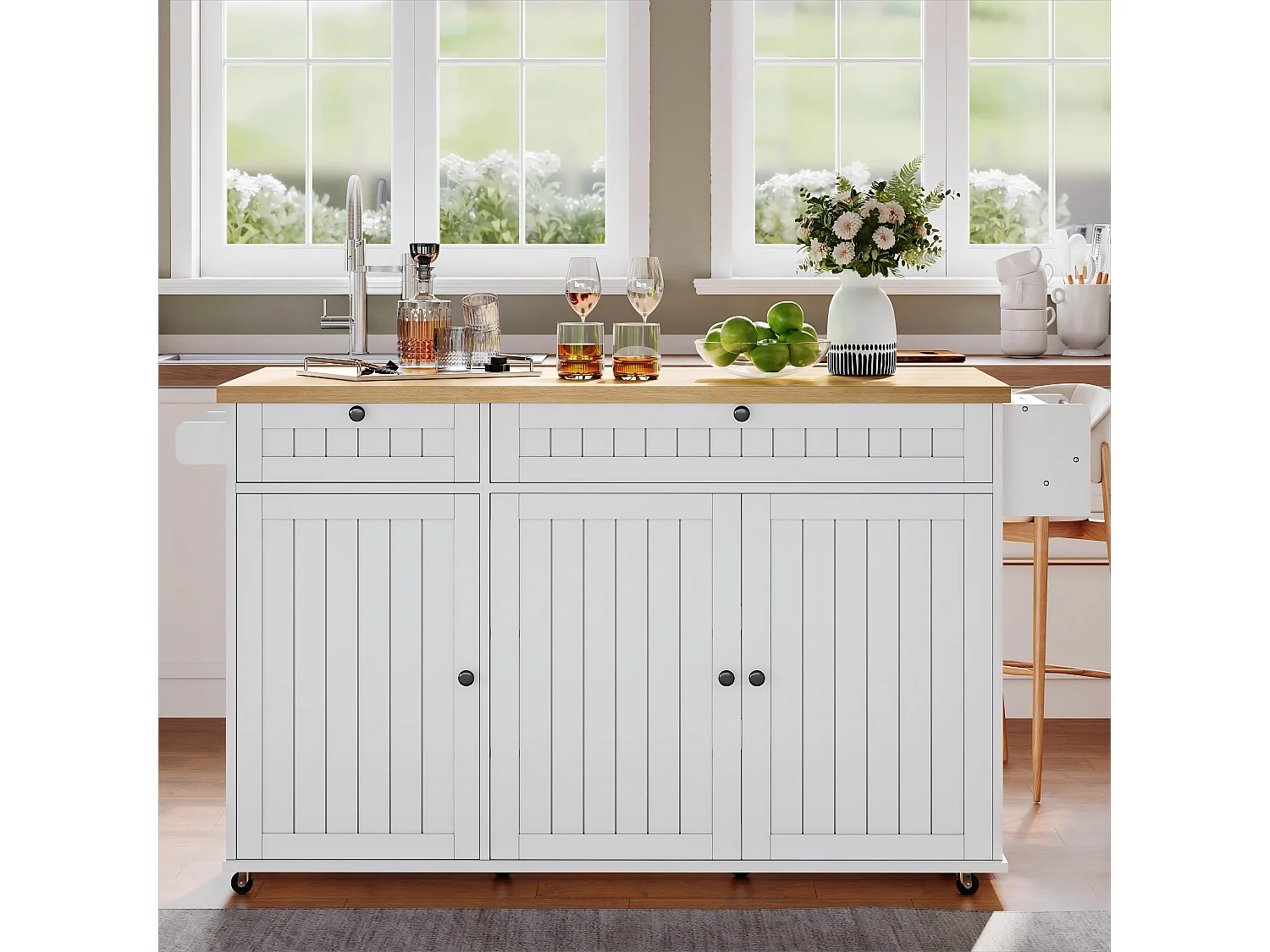 Ilot central de cuisine mobile - plateau extensible - avec roulettes verrouillables - avec 2 tiroirs et 3 portes - MDF - Blanc