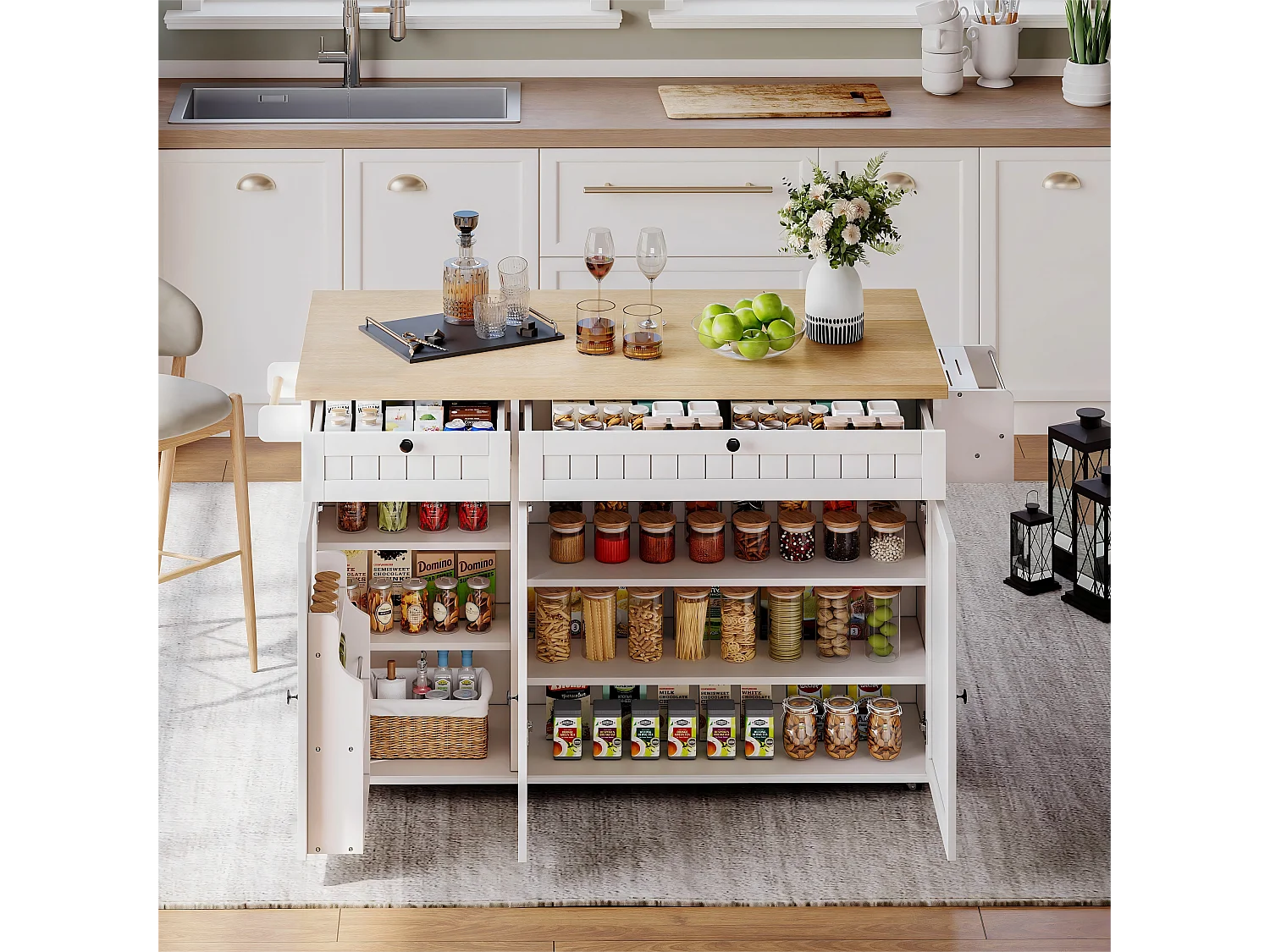 Isola da cucina mobile - piano estensibile - con rotelle bloccabili - con 2 cassetti e 3 ante - MDF - Bianco