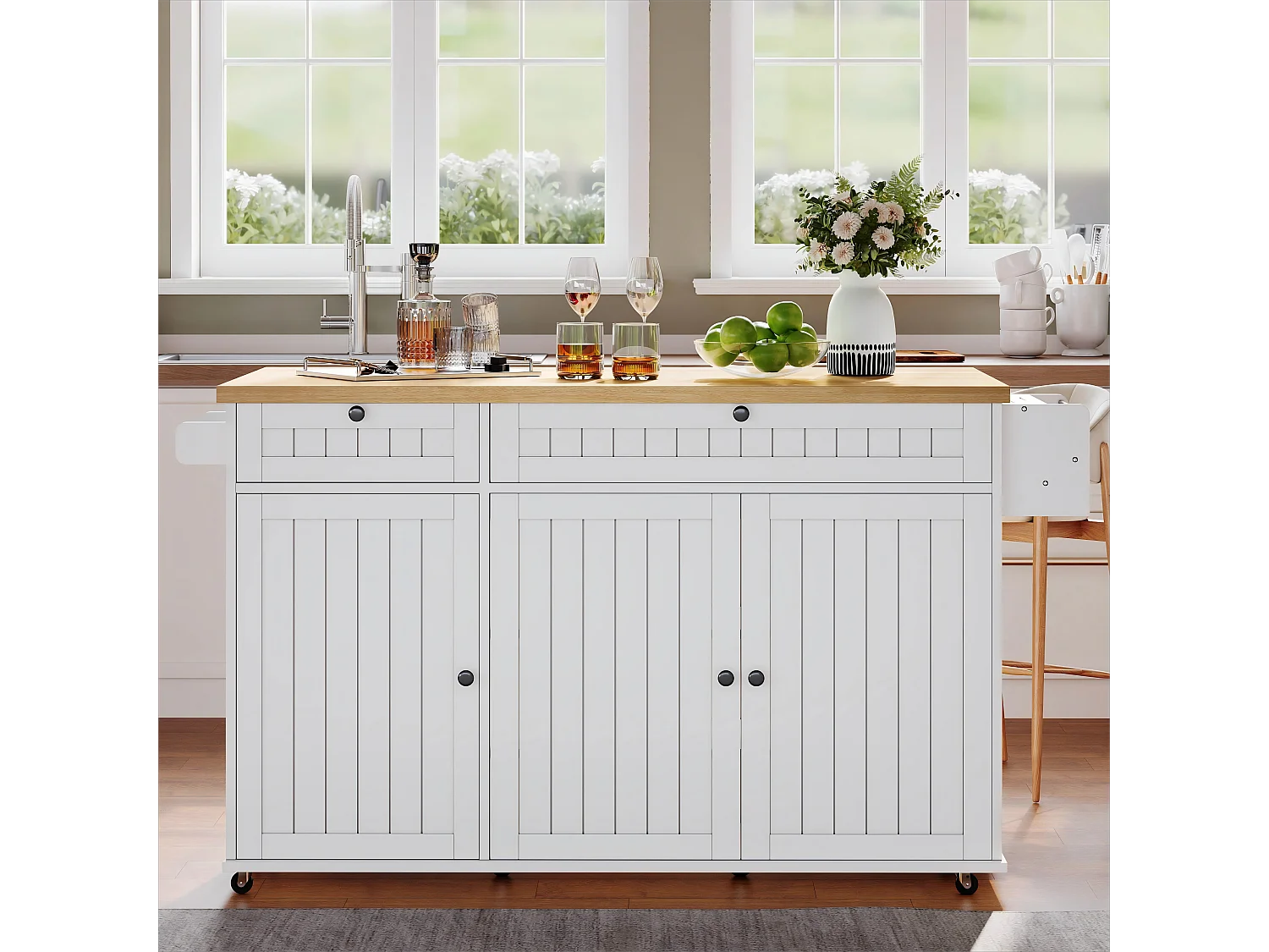 Isola da cucina mobile - piano estensibile - con rotelle bloccabili - con 2 cassetti e 3 ante - MDF - Bianco