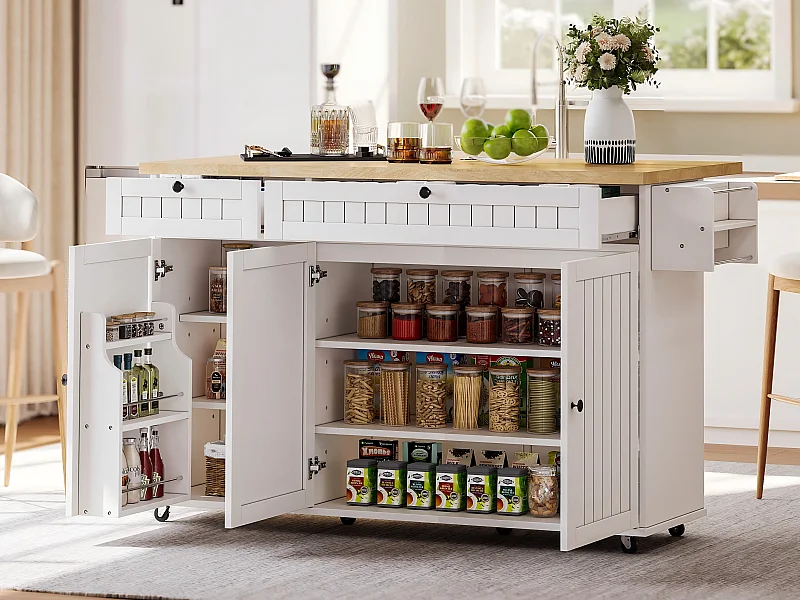 Mobile Kücheninsel - ausziehbarer Arbeitsplatte - mit verriegelbaren Rollen - mit 2 Schubladen und 3 Türen - MDF - Weiß