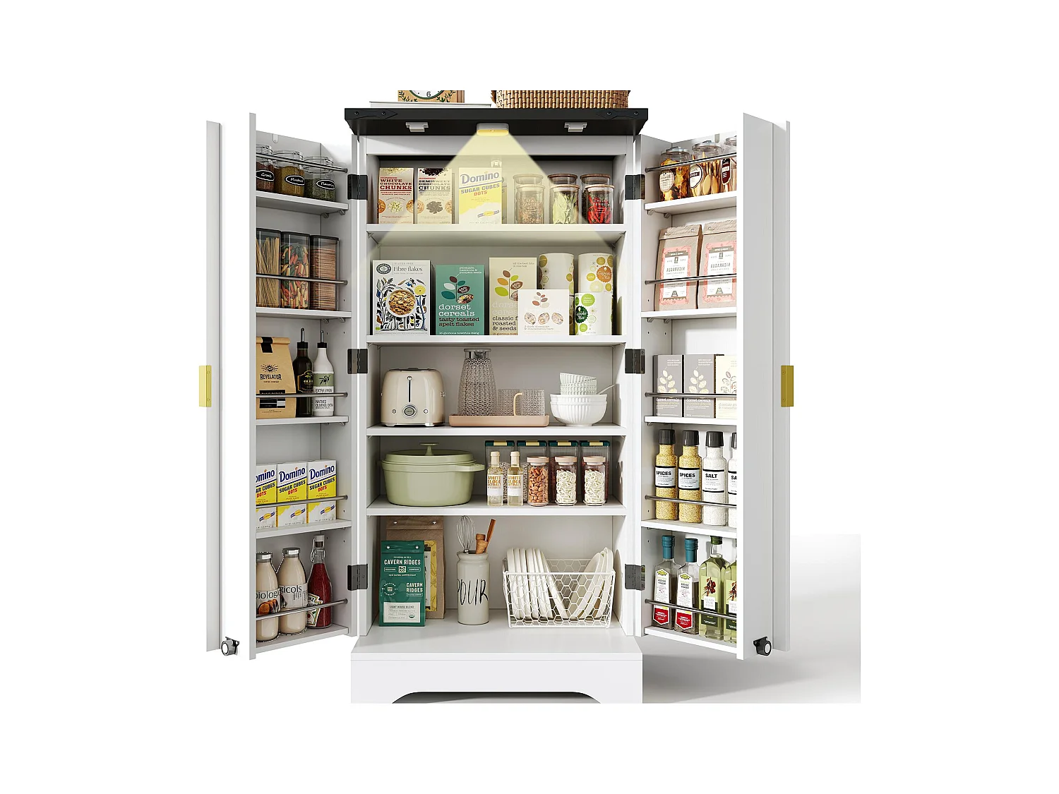 Buffet de cuisine 60.5x40x120cm - avec capteur de lumière LED - avec 2 portes - avec étagères réglables - Blanc