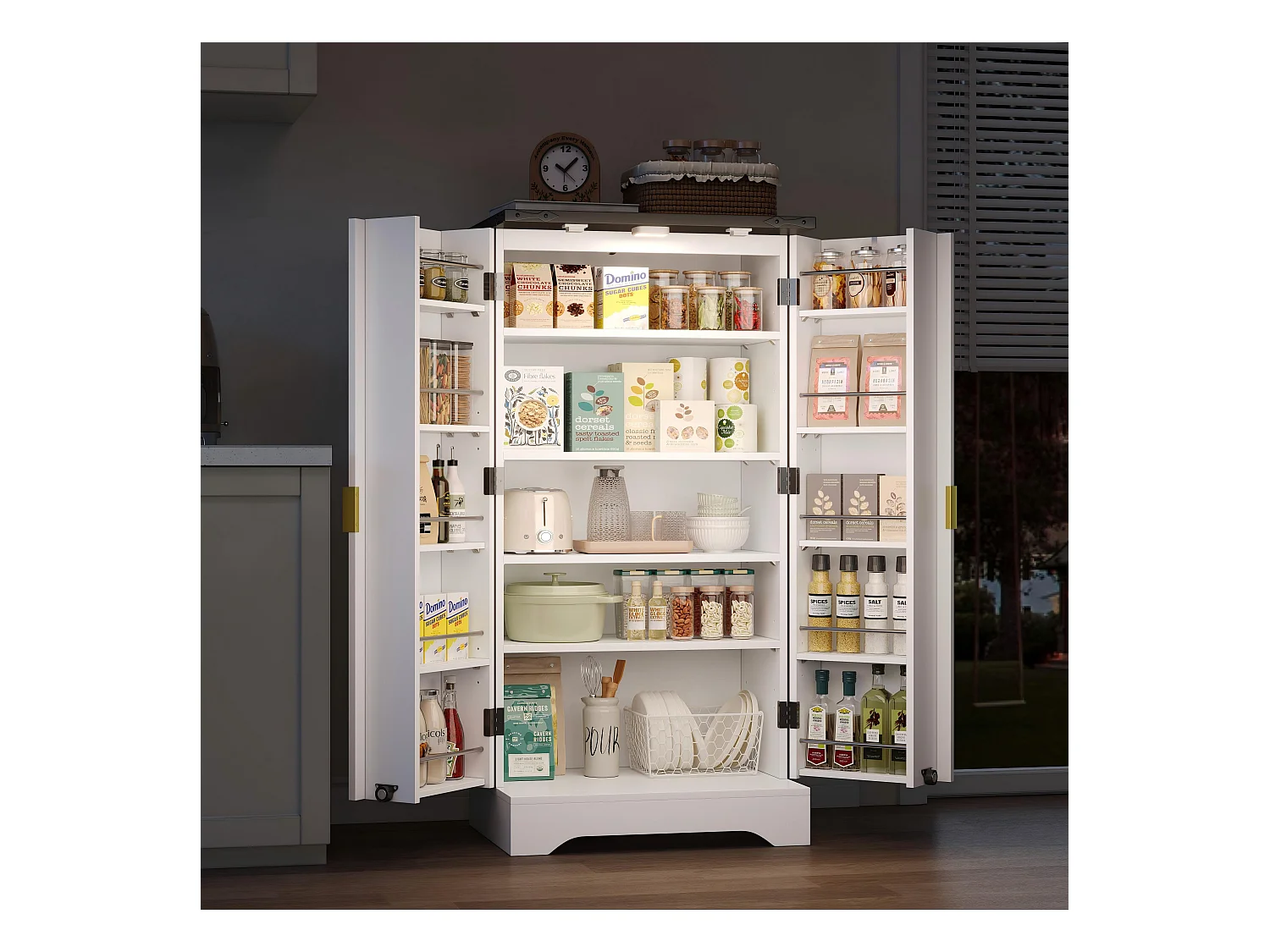 Buffet de cuisine 60.5x40x120cm - avec capteur de lumière LED - avec 2 portes - avec étagères réglables - Blanc