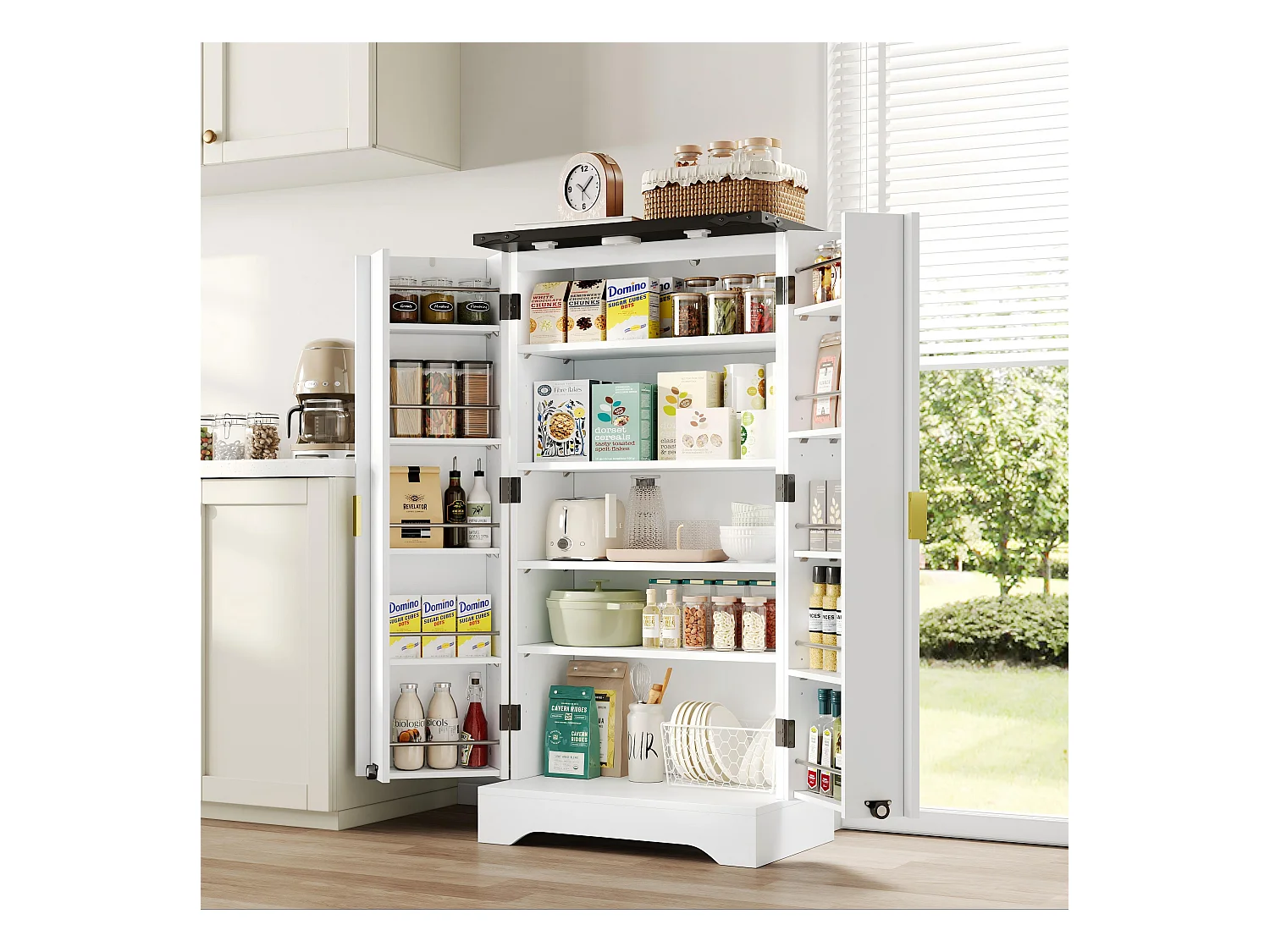 Buffet de cuisine 60.5x40x120cm - avec capteur de lumière LED - avec 2 portes - avec étagères réglables - Blanc