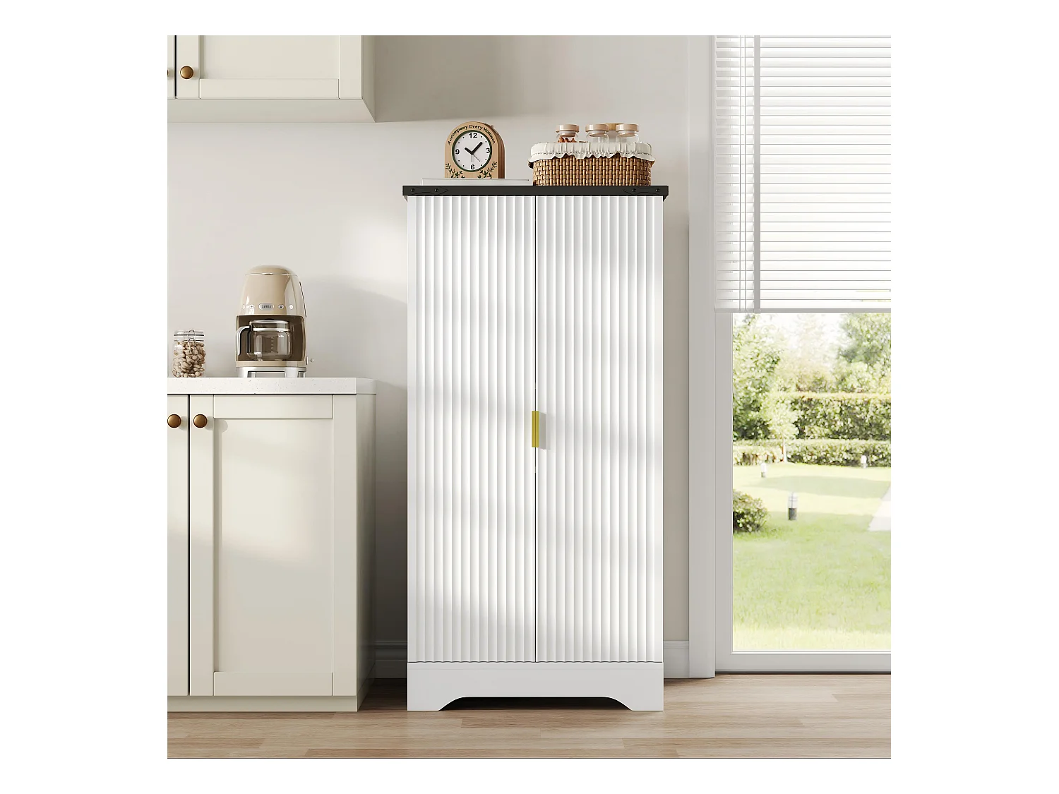 Buffet de cuisine 60.5x40x120cm - avec capteur de lumière LED - avec 2 portes - avec étagères réglables - Blanc