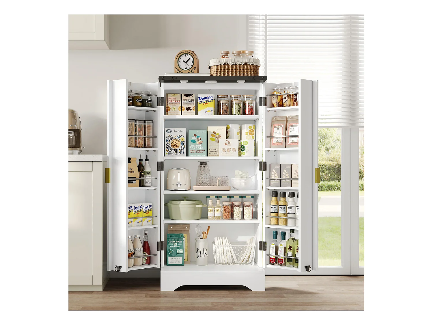 Buffet de cuisine 60.5x40x120cm - avec capteur de lumière LED - avec 2 portes - avec étagères réglables - Blanc