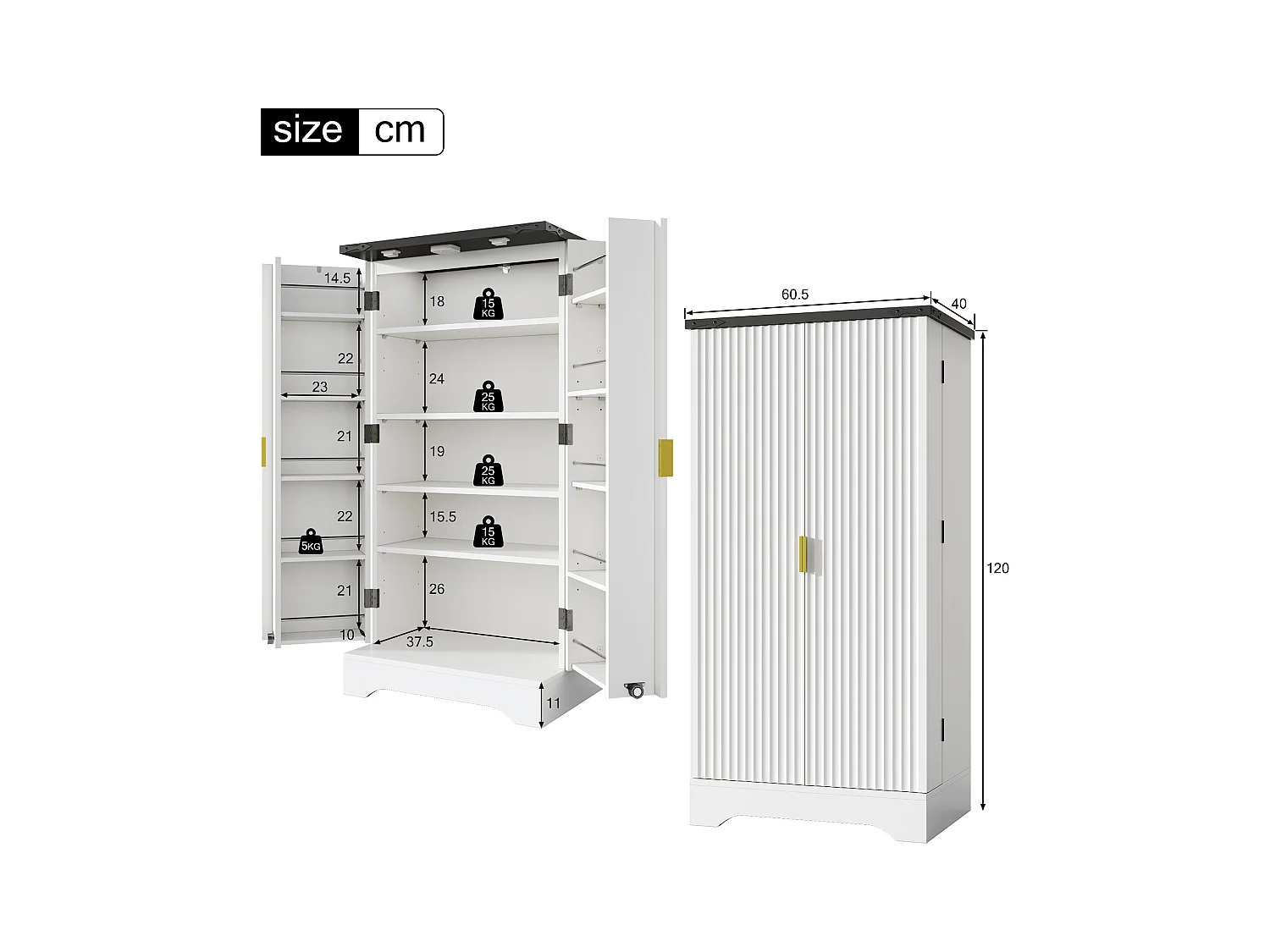 Küchenbuffet 60.5x40x120cm - mit LED-Lichtsensor - mit 2 Türen - mit verstellbaren Regalen - Weiß