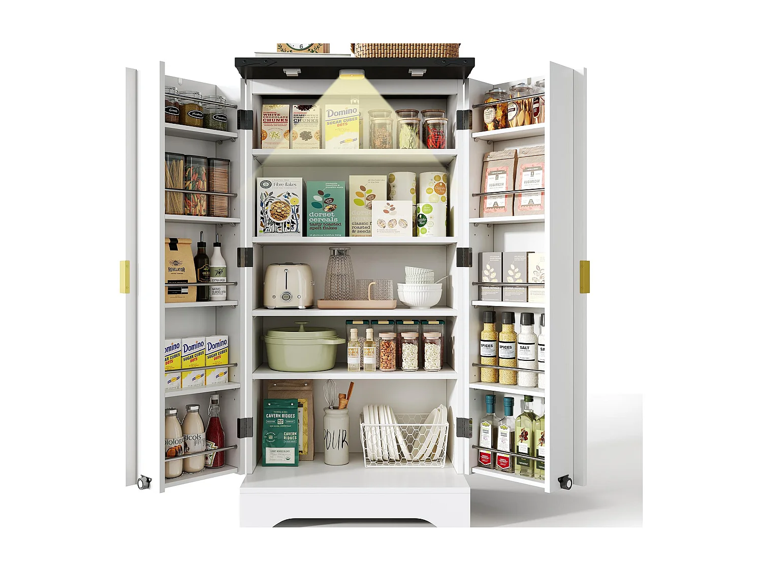 Buffet de cuisine 60.5x40x120cm - avec capteur de lumière LED - avec 2 portes - avec étagères réglables - Blanc