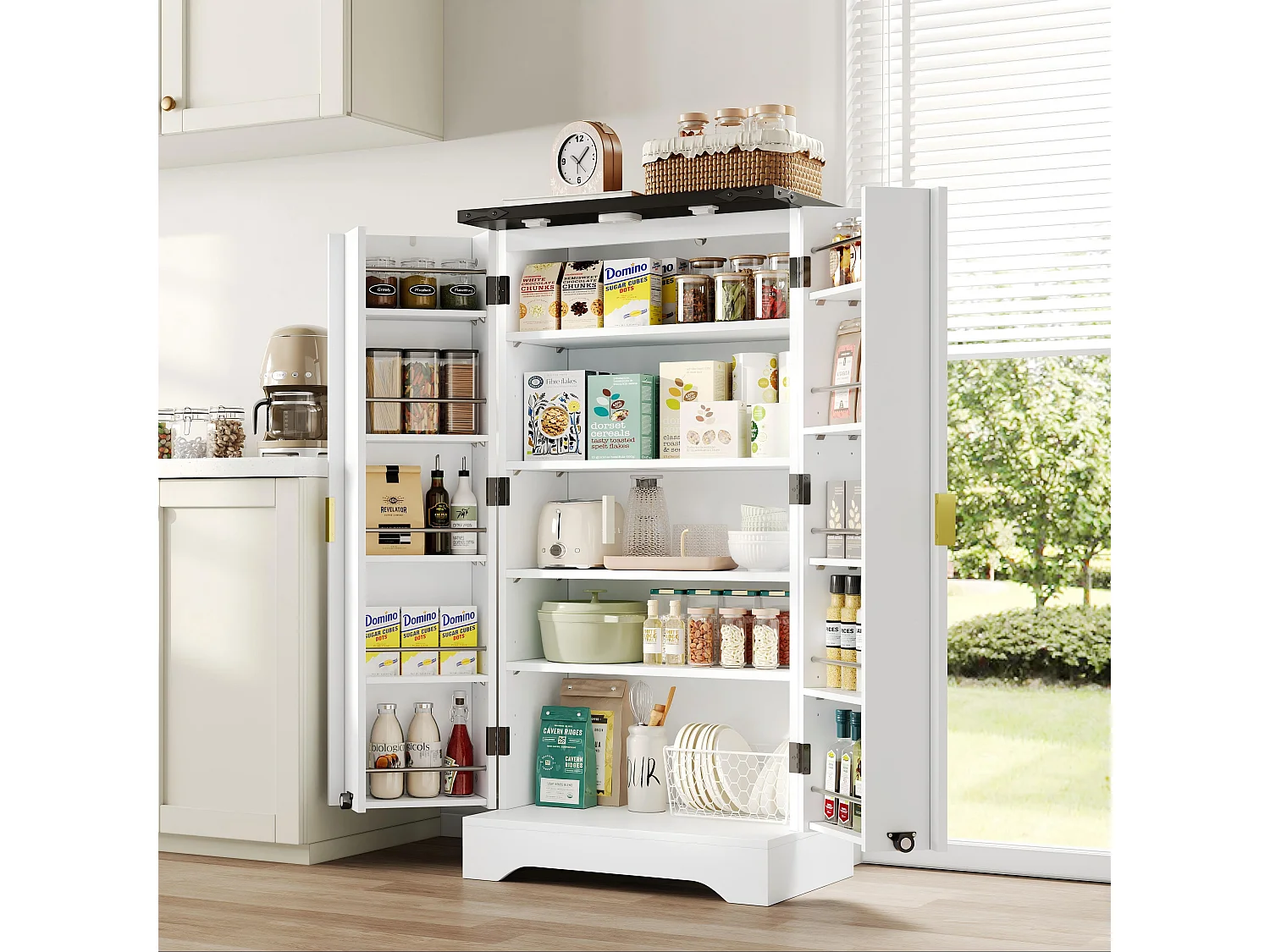 Buffet de cuisine 60.5x40x120cm - avec capteur de lumière LED - avec 2 portes - avec étagères réglables - Blanc