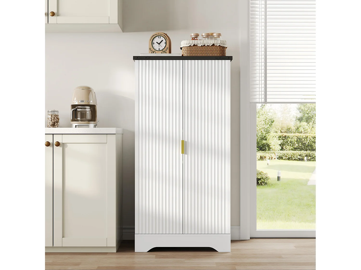 Buffet de cuisine 60.5x40x120cm - avec capteur de lumière LED - avec 2 portes - avec étagères réglables - Blanc