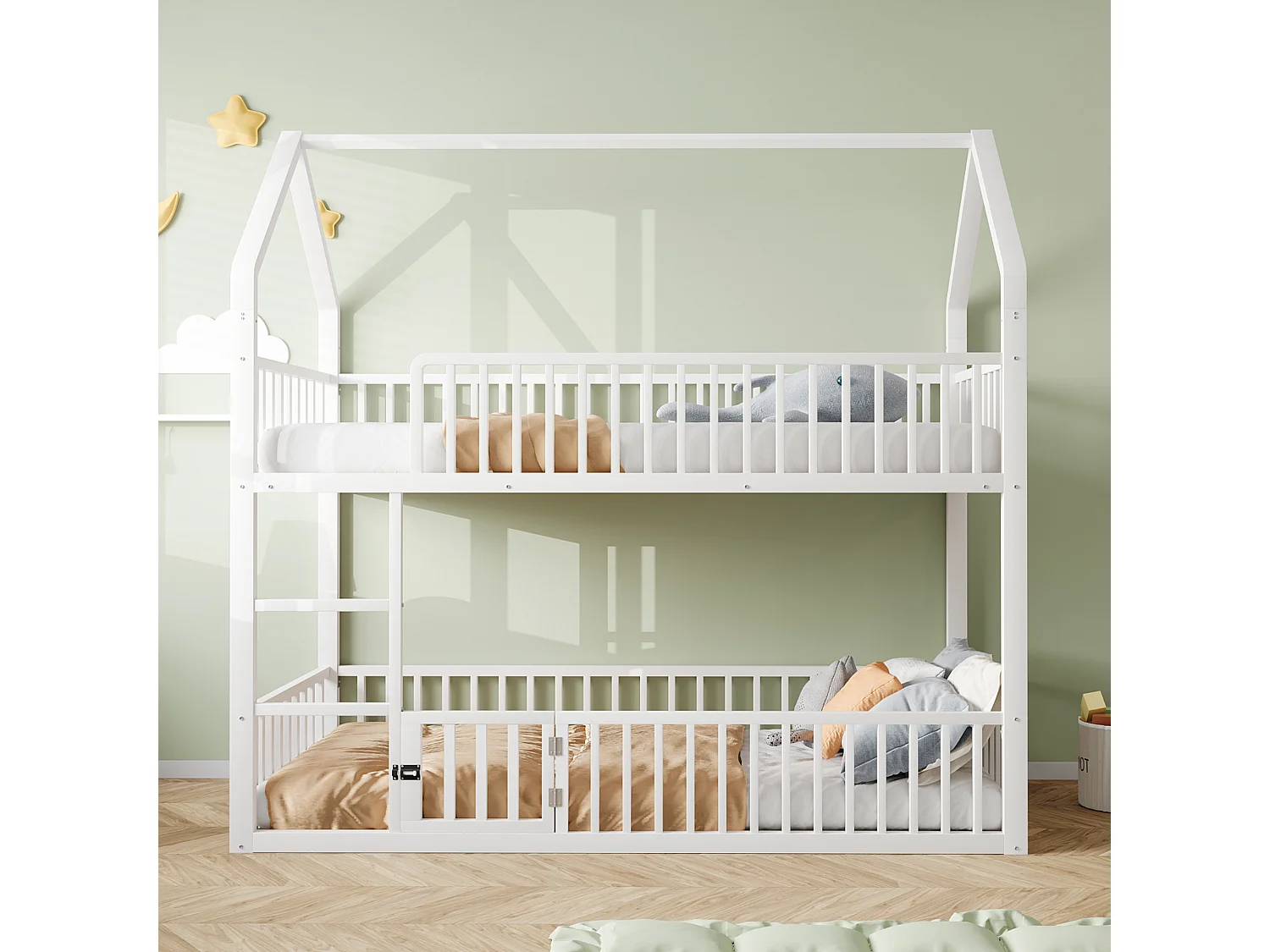 Lit superposé enfant 90x200cm - avec escalier - avec petite porte - Métal - blanc (matelas non inclus)