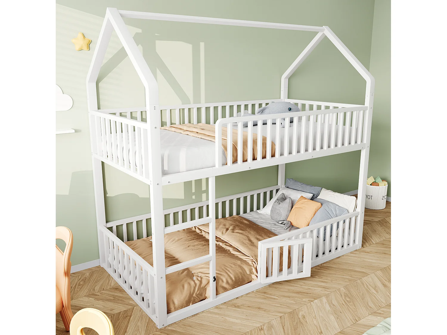 Lit superposé enfant 90x200cm - avec escalier - avec petite porte - Métal - blanc (matelas non inclus)